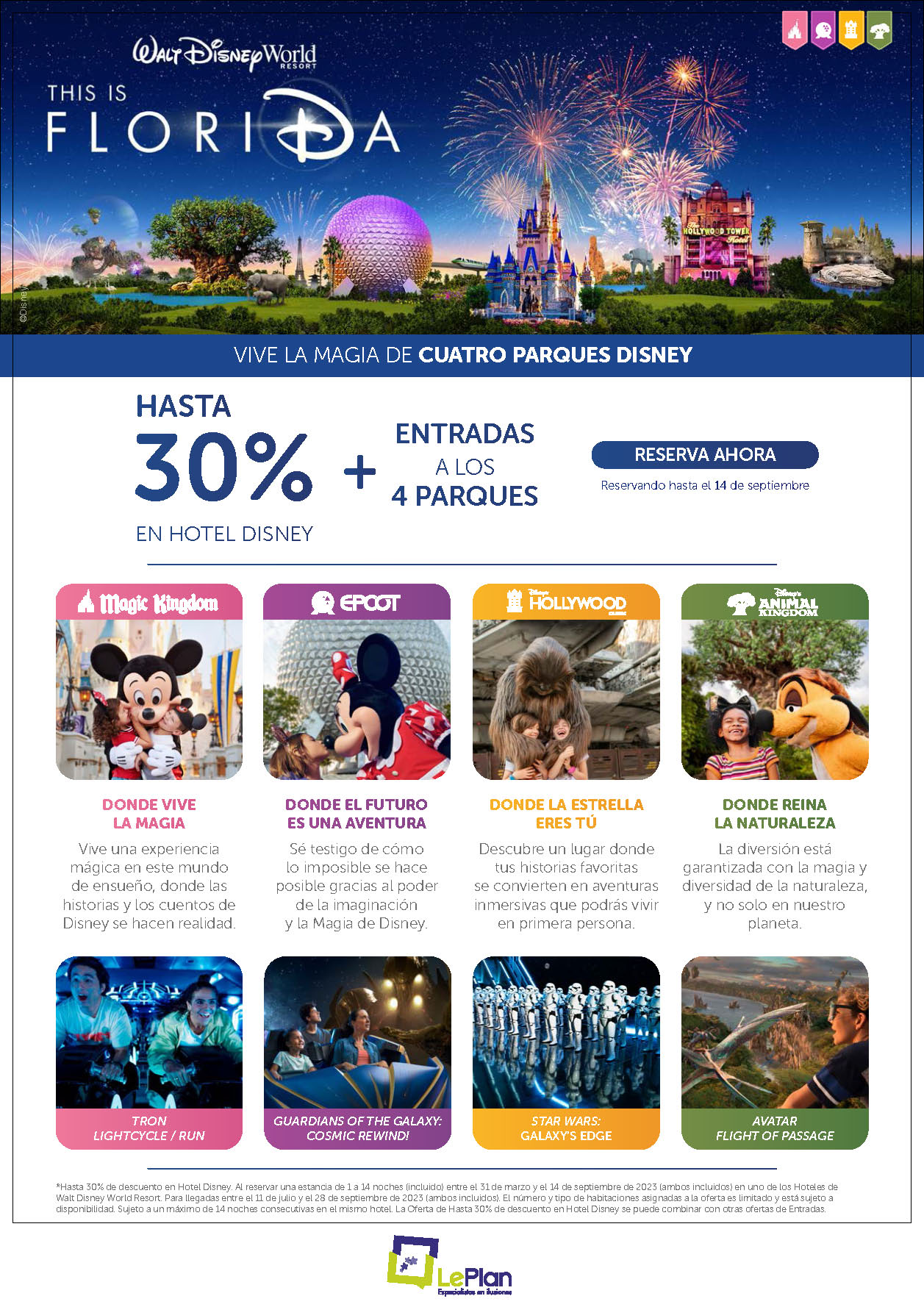 Oferta LePlan Ilusiones Walt Disney World Resort Florida Descuento Hotel Disney + Entradas 4 Parques reservas hasta septiembre 2023