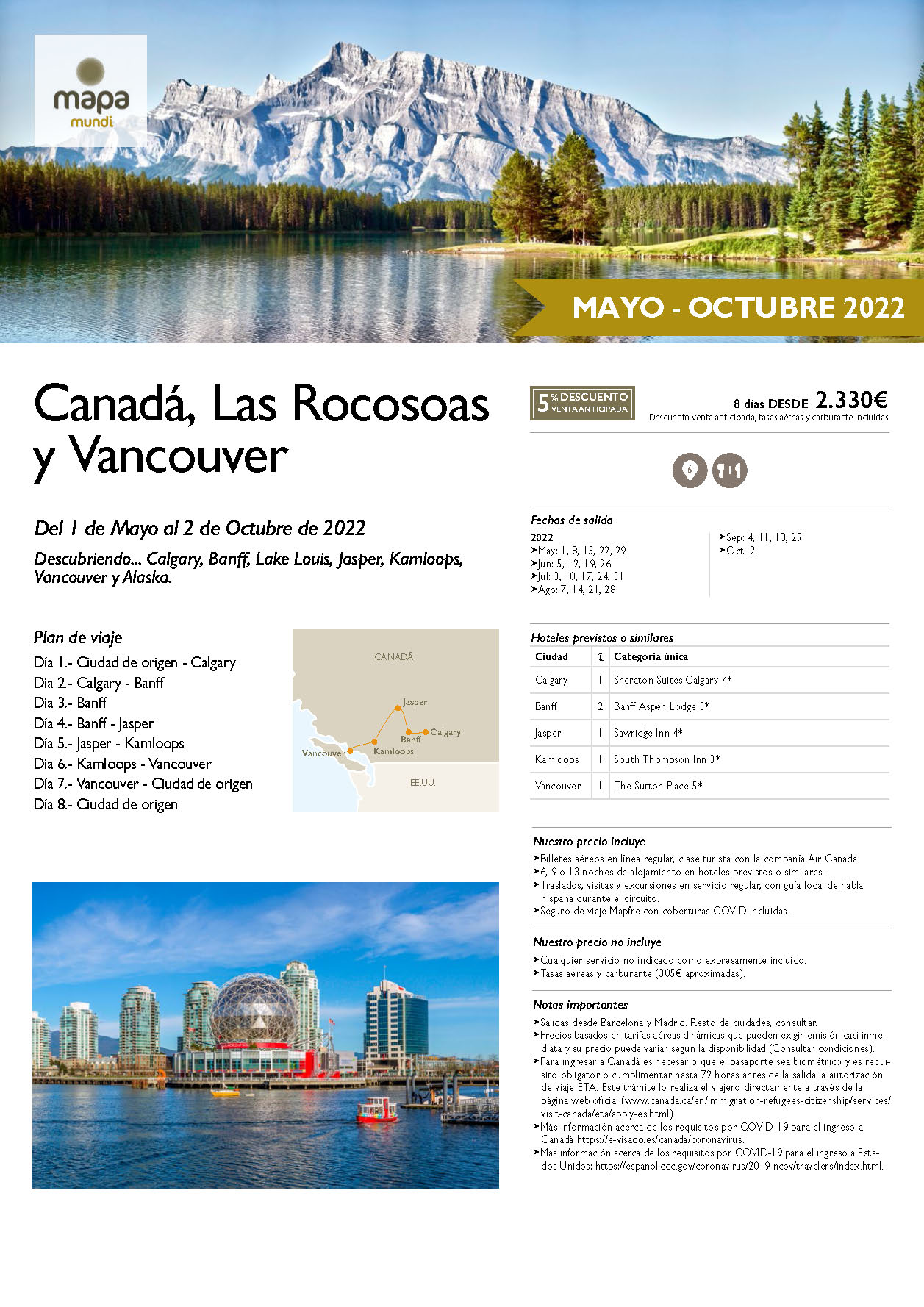 Oferta Mapa Mundi Circuito Canada Las Rocosas y Vancouver 8 dias salidas Mayo a Octubre 2022 desde Madrid y Barcelona vuelos Air Canada