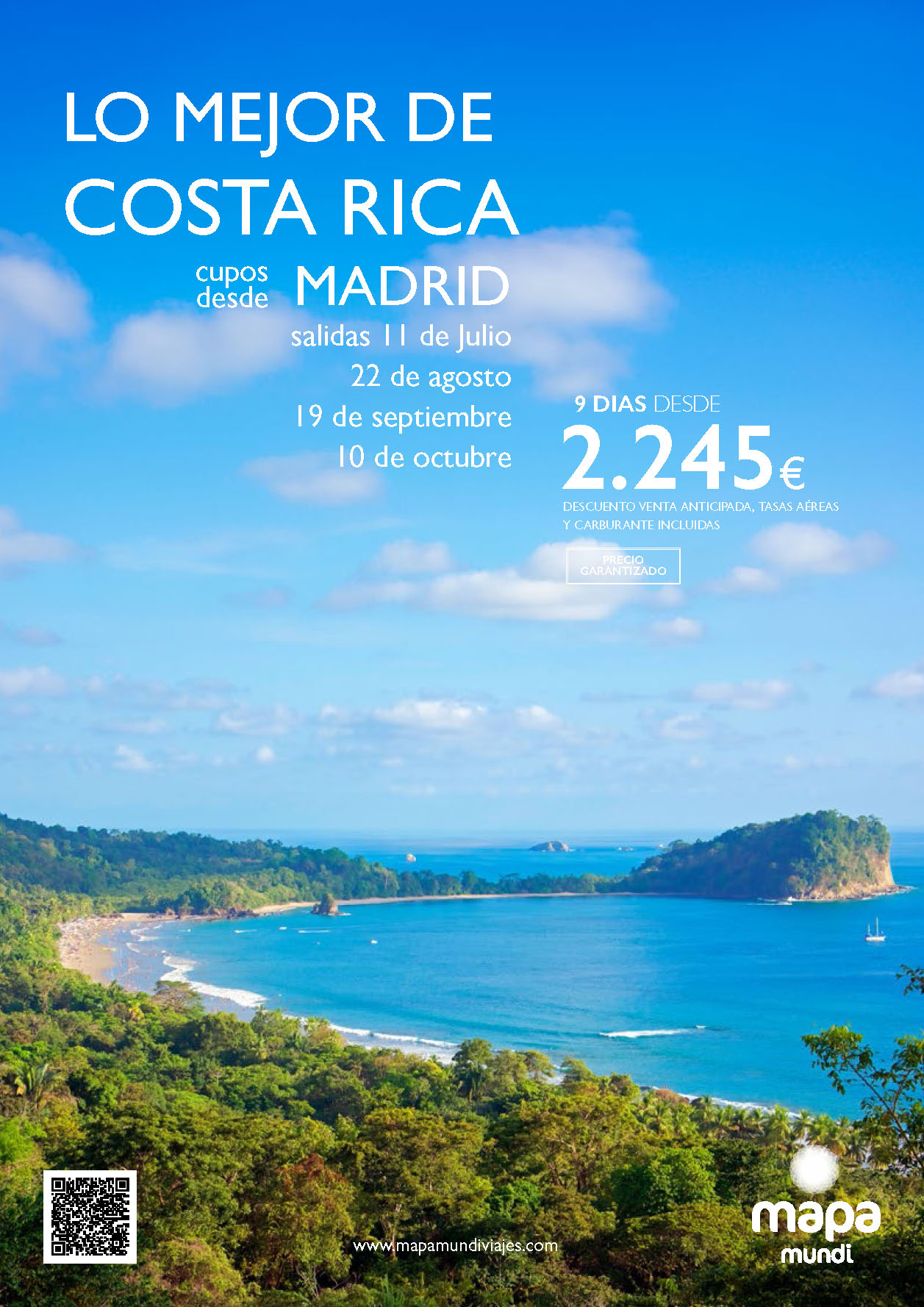 Oferta Mapa Mundi circuito Lo Mejor de Costa Rica cupos 9 dias salidas Julio a Octubre 2024 desde Madrid