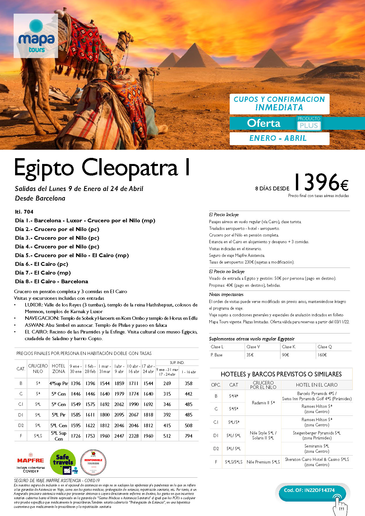 Oferta Mapa Tours Egipto Cleopatra I 8 dias salidas Enero a Abril de 2023 en vuelo especial directo desde Barcelona