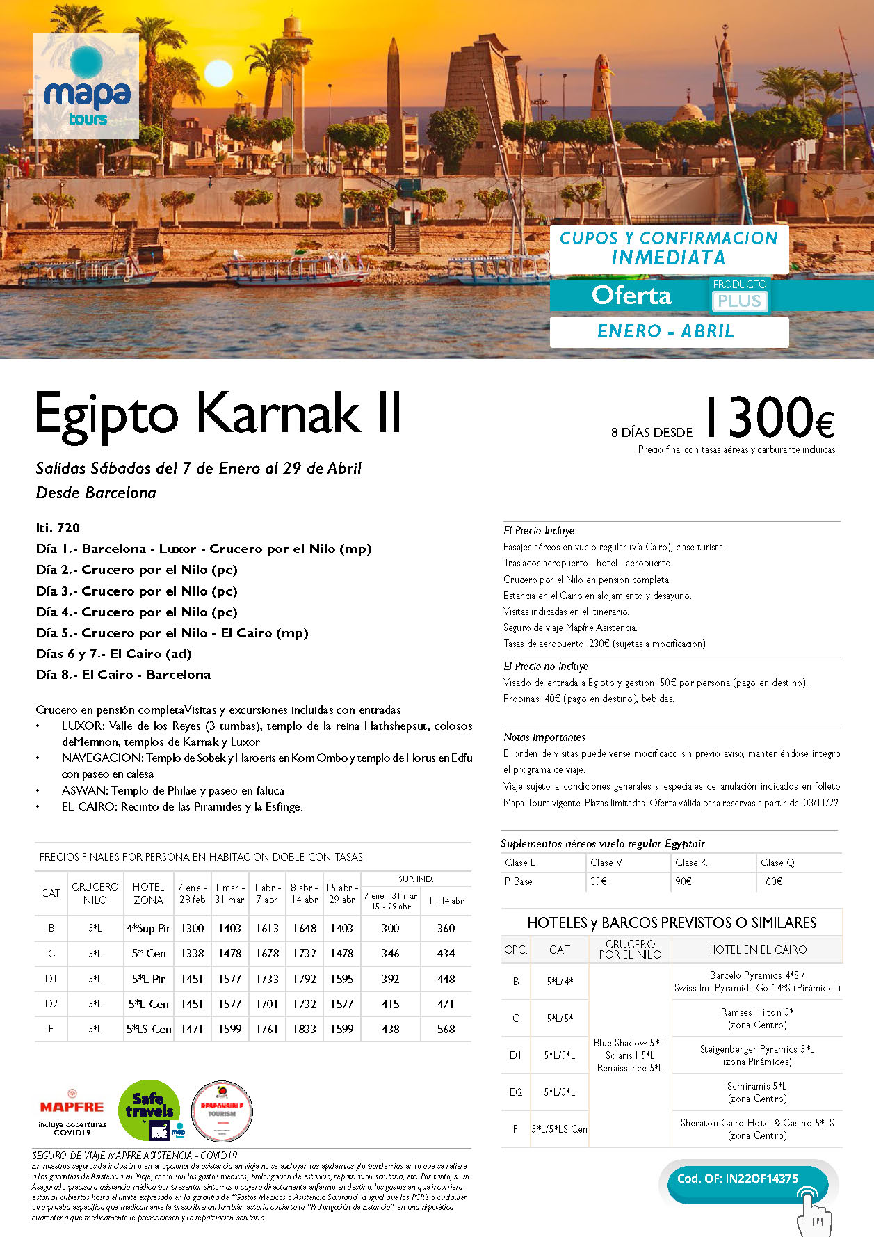 Oferta Mapa Tours Egipto KarnaK II 8 dias salidas Enero a Abril de 2023 en vuelo especial directo desde Barcelona