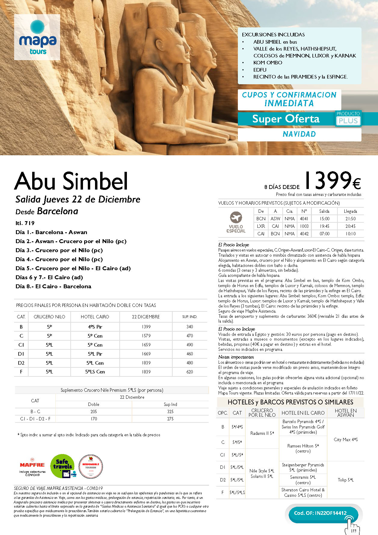 Oferta Mapa Tours Navidad 2022 en Egipto Abu Simbel 8 dias salida el 22 de Diciembre en vuelo especial directo desde Barcelona rebajado