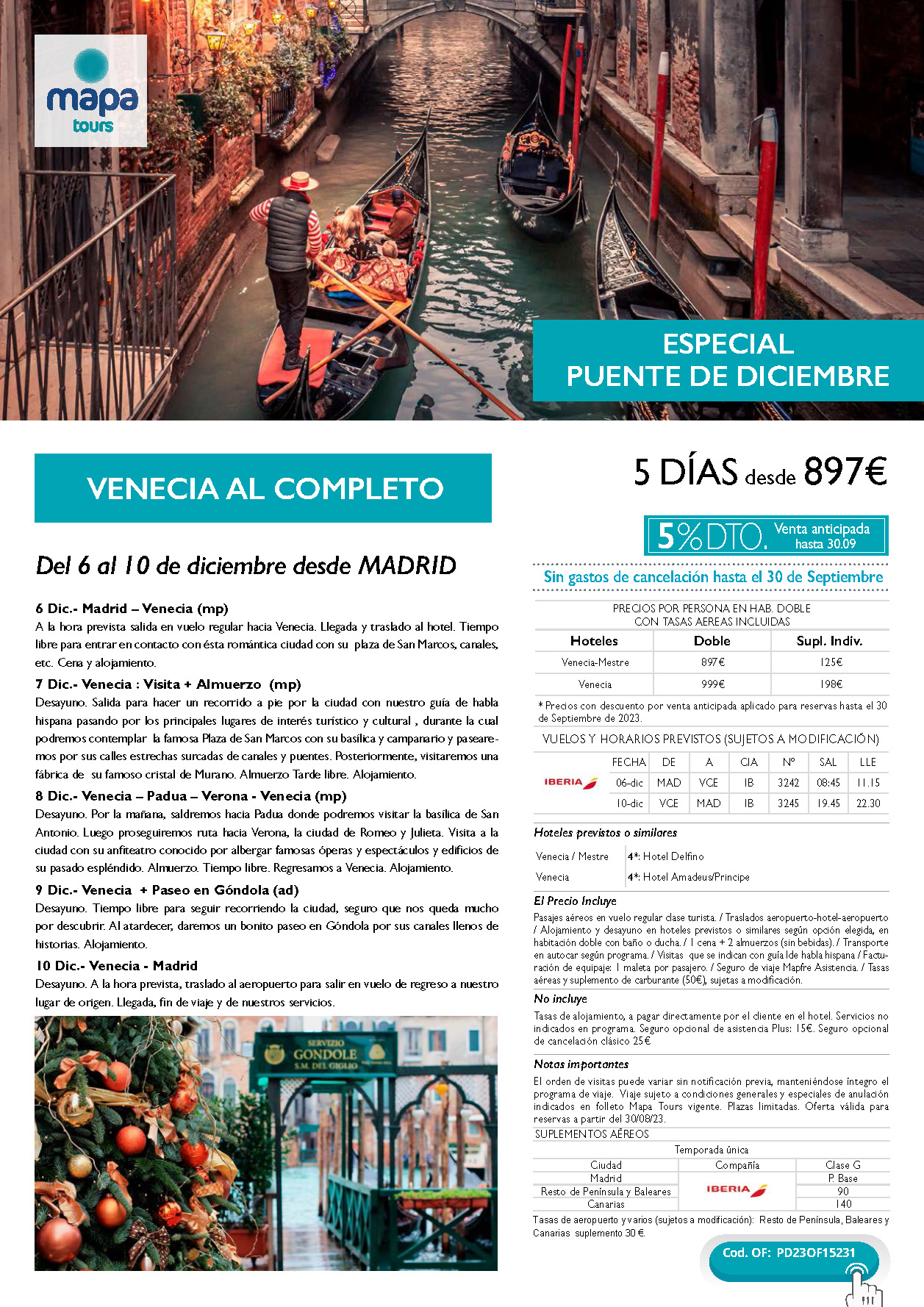 Oferta Mapa Tours Puente de Diciembre 2023 Venecia al Completo 5 dias salida 6 de diciembre en vuelo directo desde Madrid