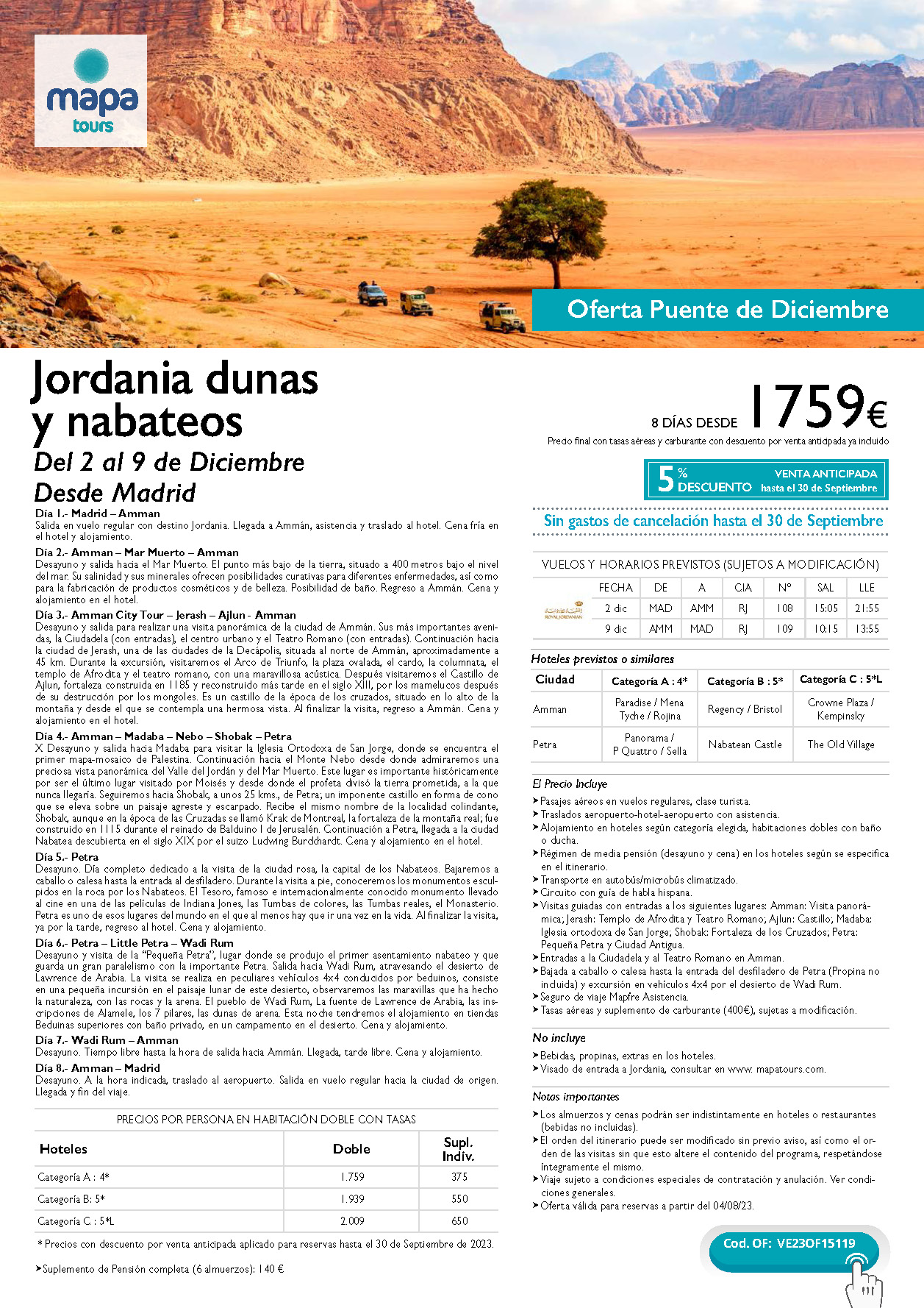 Oferta Mapa Tours Puente de Diciembre 2023 circuito Jordania Dunas y Nabateos 8 dias salida 2 de diciembre en vuelo directo desde Madrid