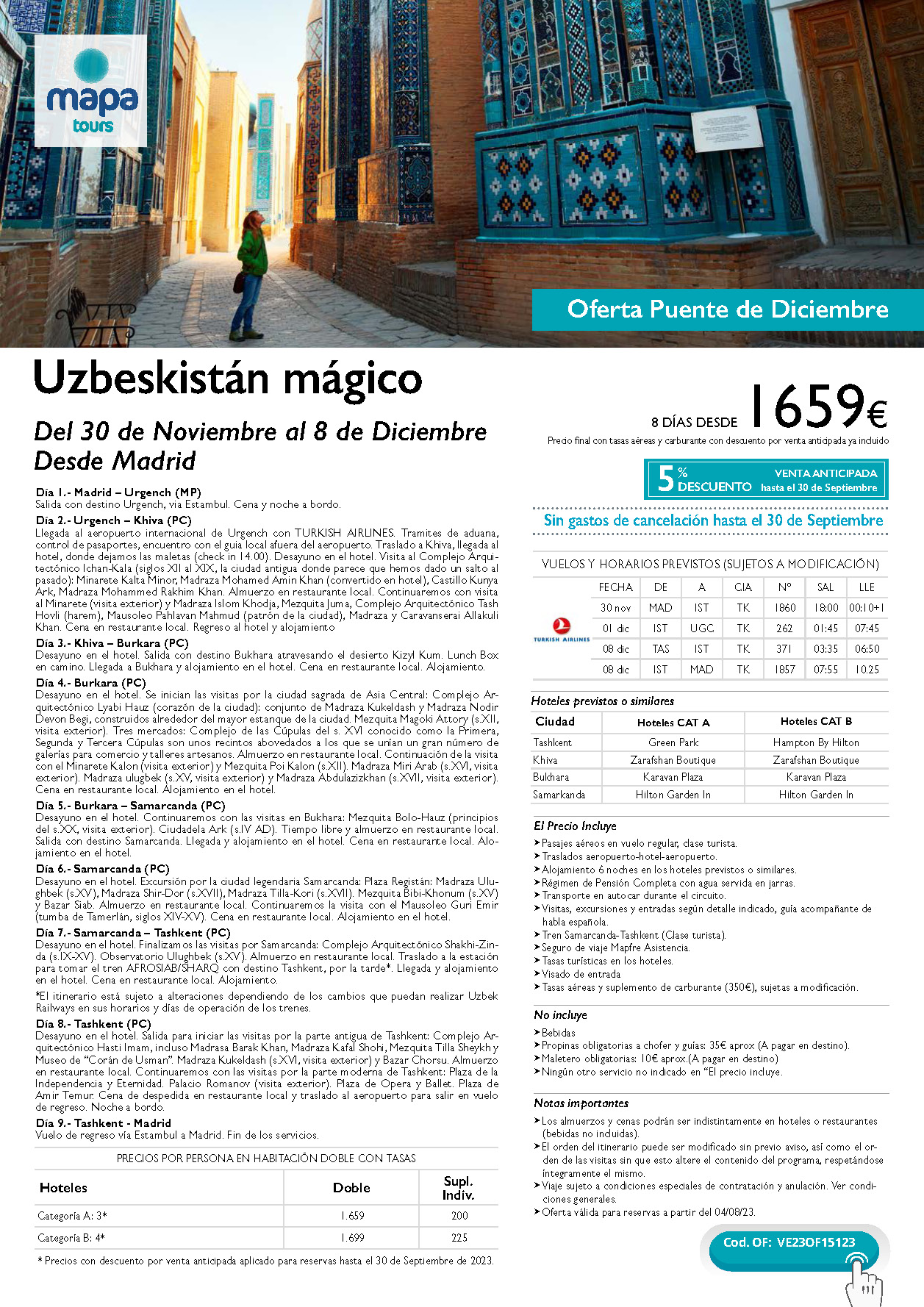 Oferta Mapa Tours Puente de Diciembre 2023 circuito Uzbekistan Magico 8 dias salida 30 de noviembre desde Madrid vuelos Turkish