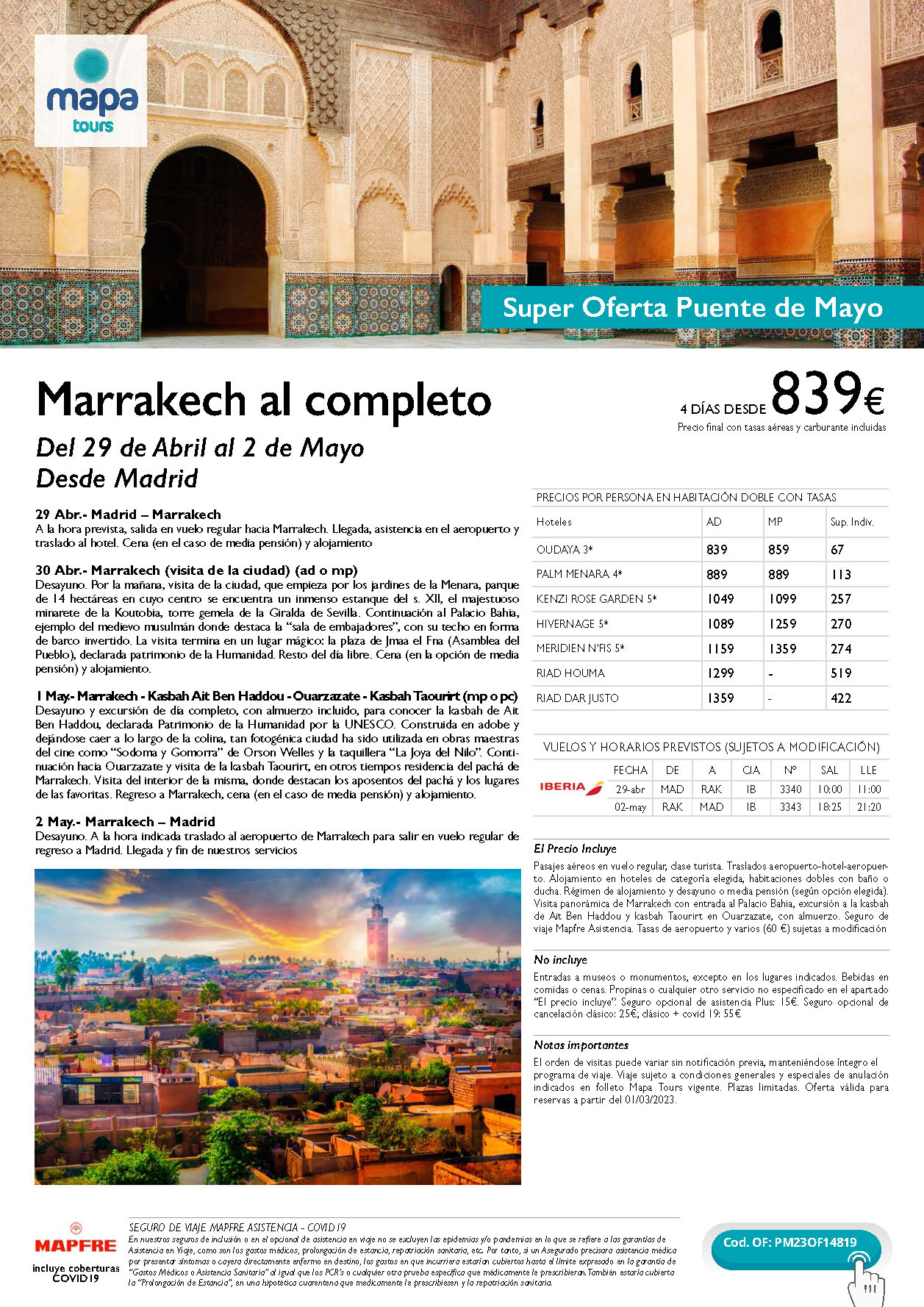 Oferta Mapa Tours Puente de Mayo 2023 Marrakech al completo 4 dias salida 29 abril en vuelo directo desde Madrid