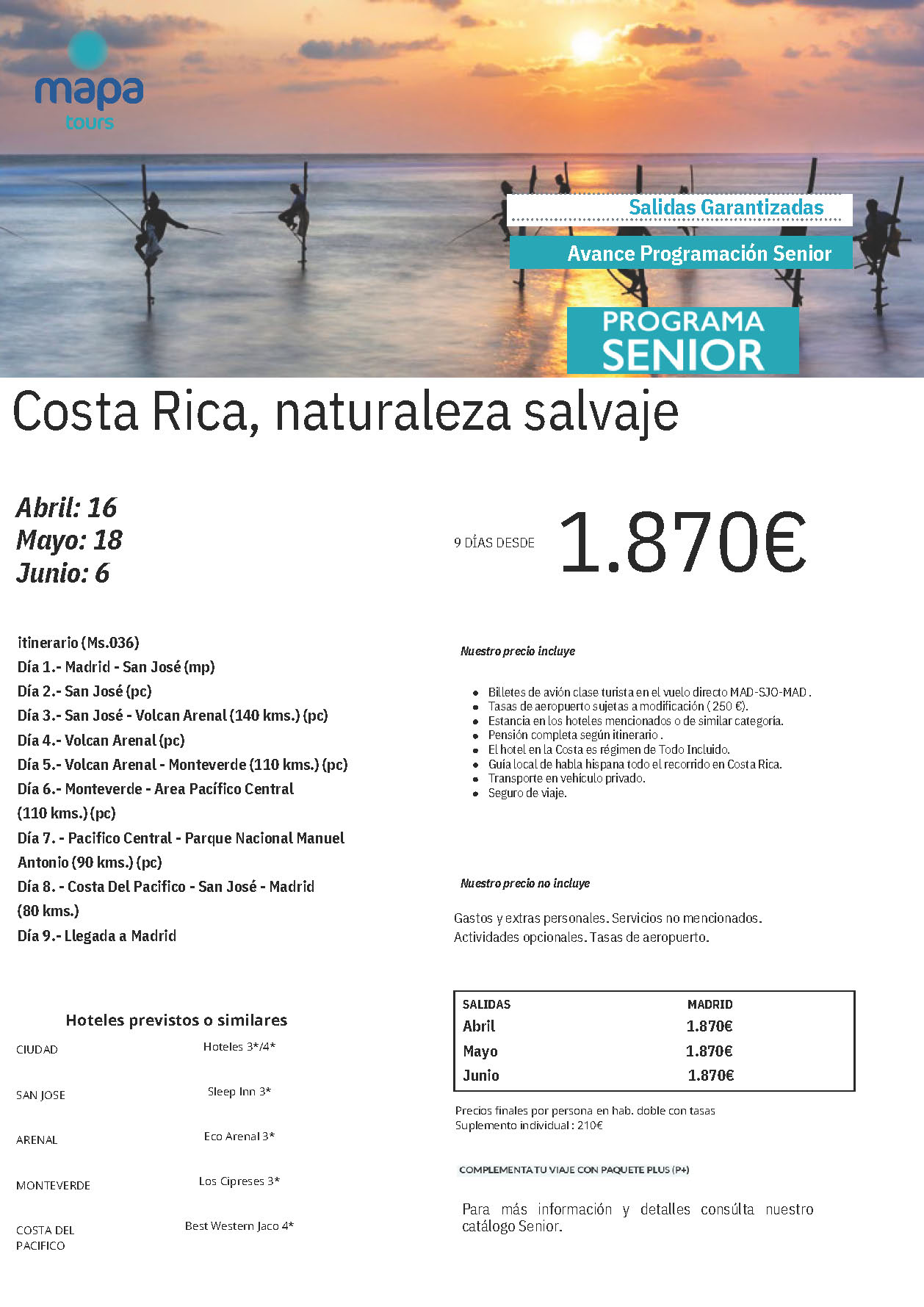 Oferta Mapa Tours Senior Abril Mayo Junio 2024 circuito Costa Rica 9 dias salidas desde Madrid