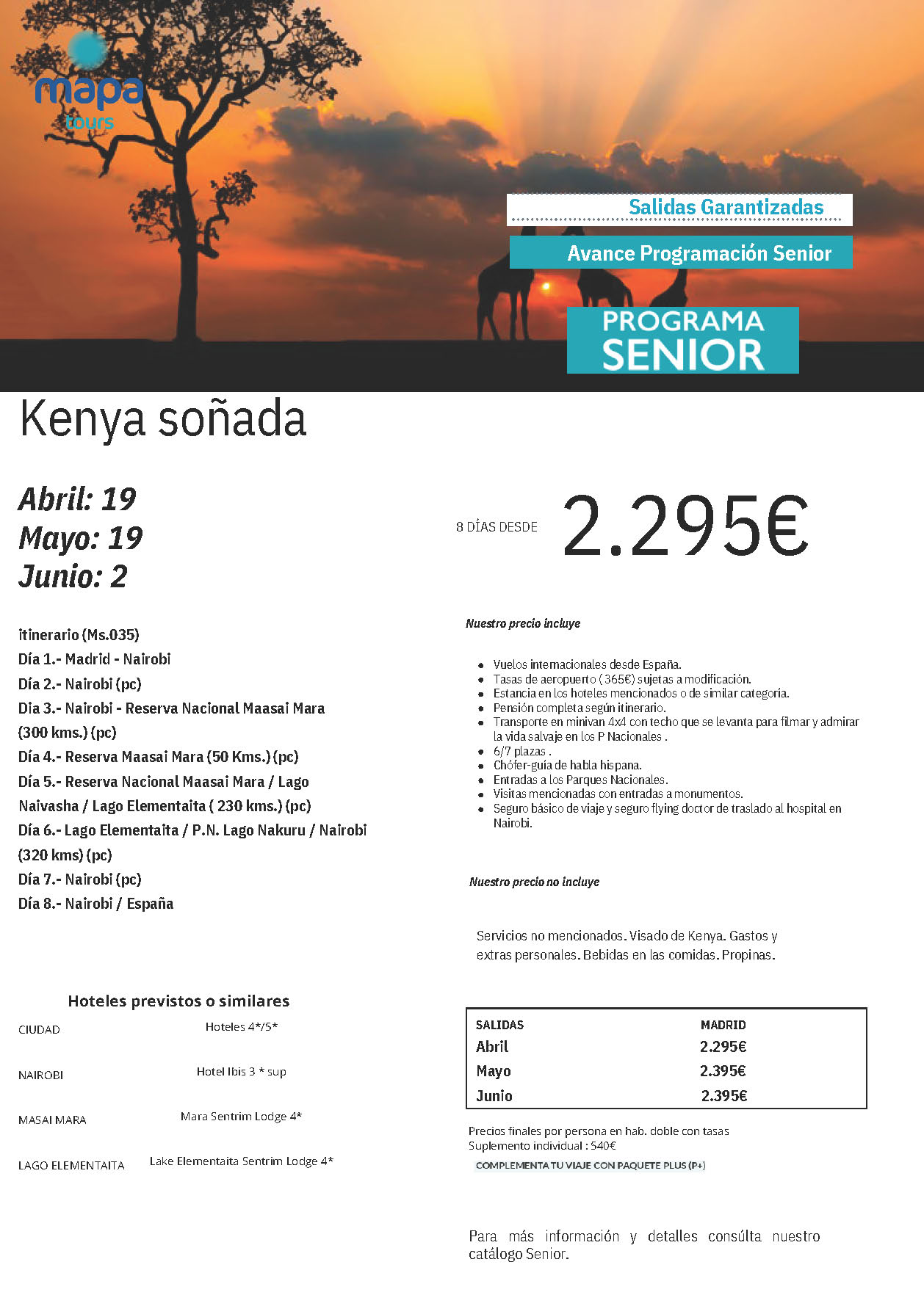 Oferta Mapa Tours Senior Abril Mayo Junio 2024 circuito Kenia Soñada 9 dias Pension Completa salidas desde Madrid