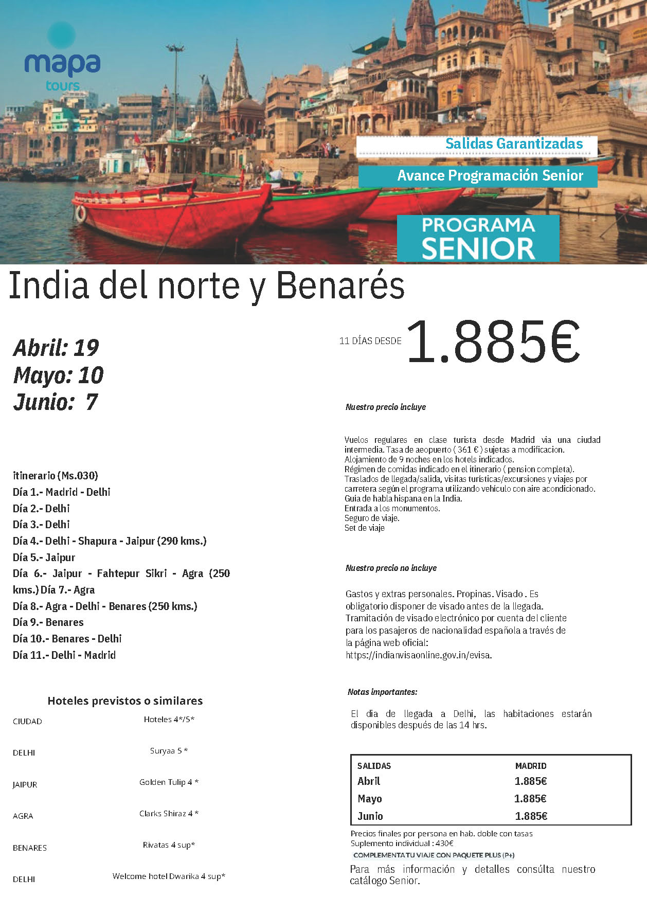 Oferta Mapa Tours Senior India del Norte y Benares 11 dias salidas Abril Mayo Junio 2024 desde Madrid
