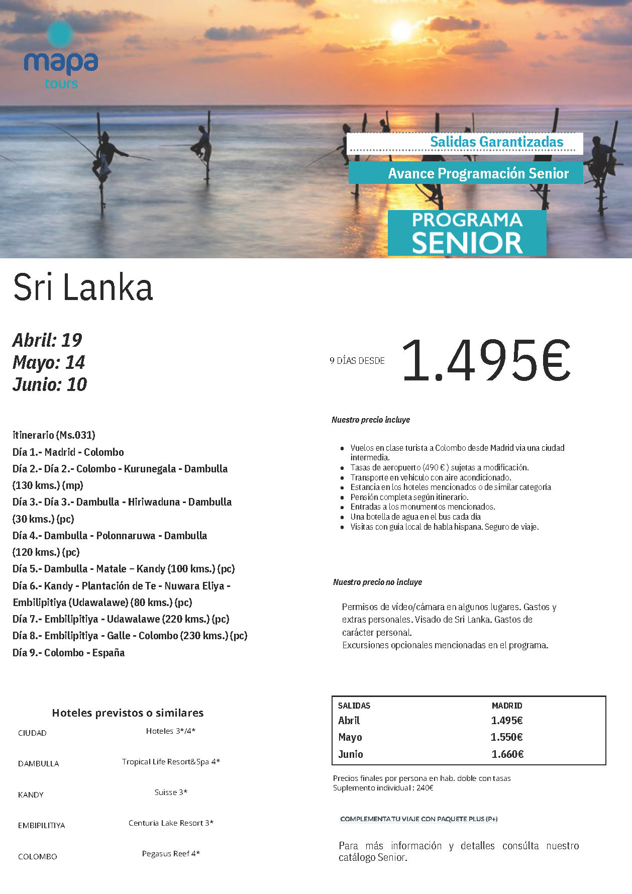 Oferta Mapa Tours Senior circuito Sri Lanka 9 dias pension completa salidas Abril Mayo Junio 2024 desde Madrid