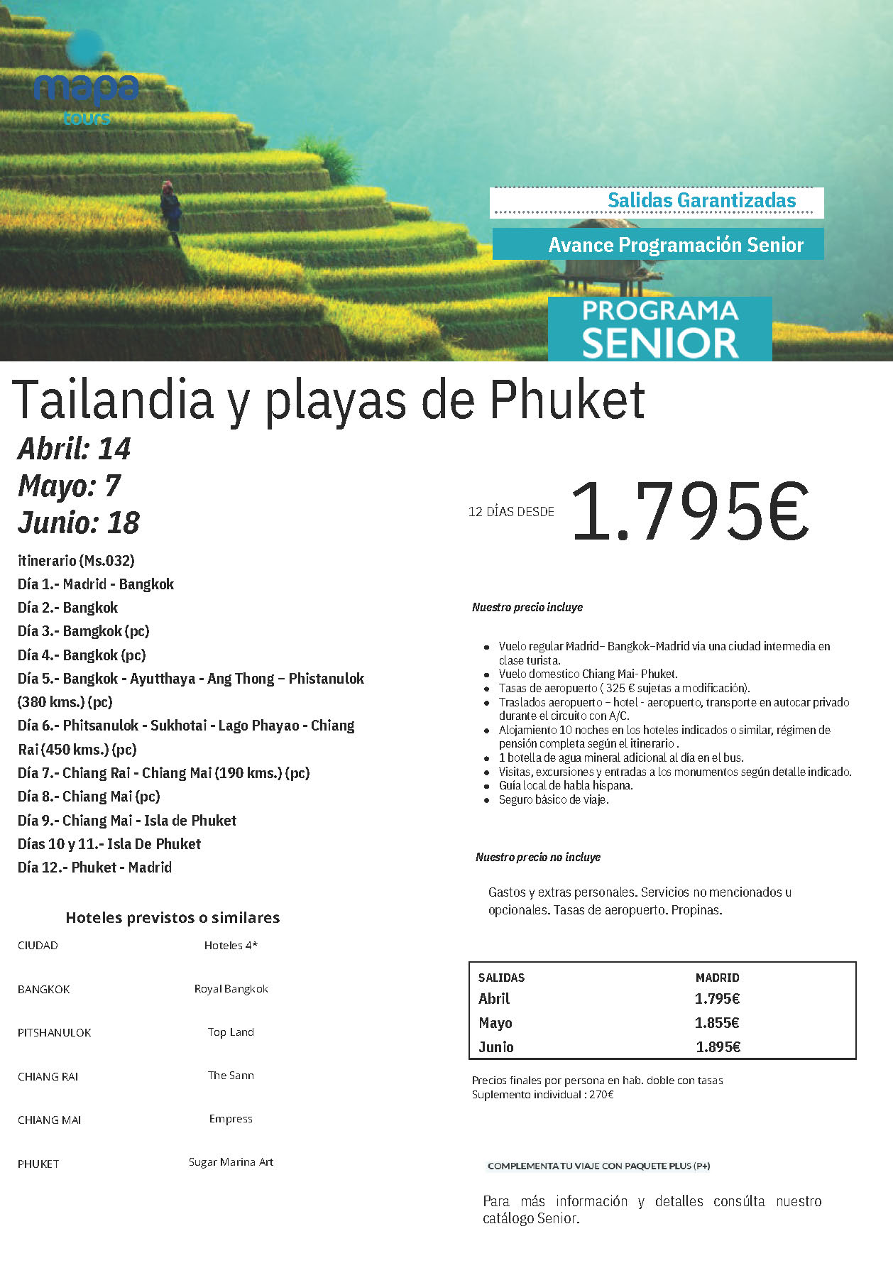 Oferta Mapa Tours Senior circuito Tailandia y Playa Phuket 12 dias pension completa salidas Abril Mayo Junio 2024 desde Madrid