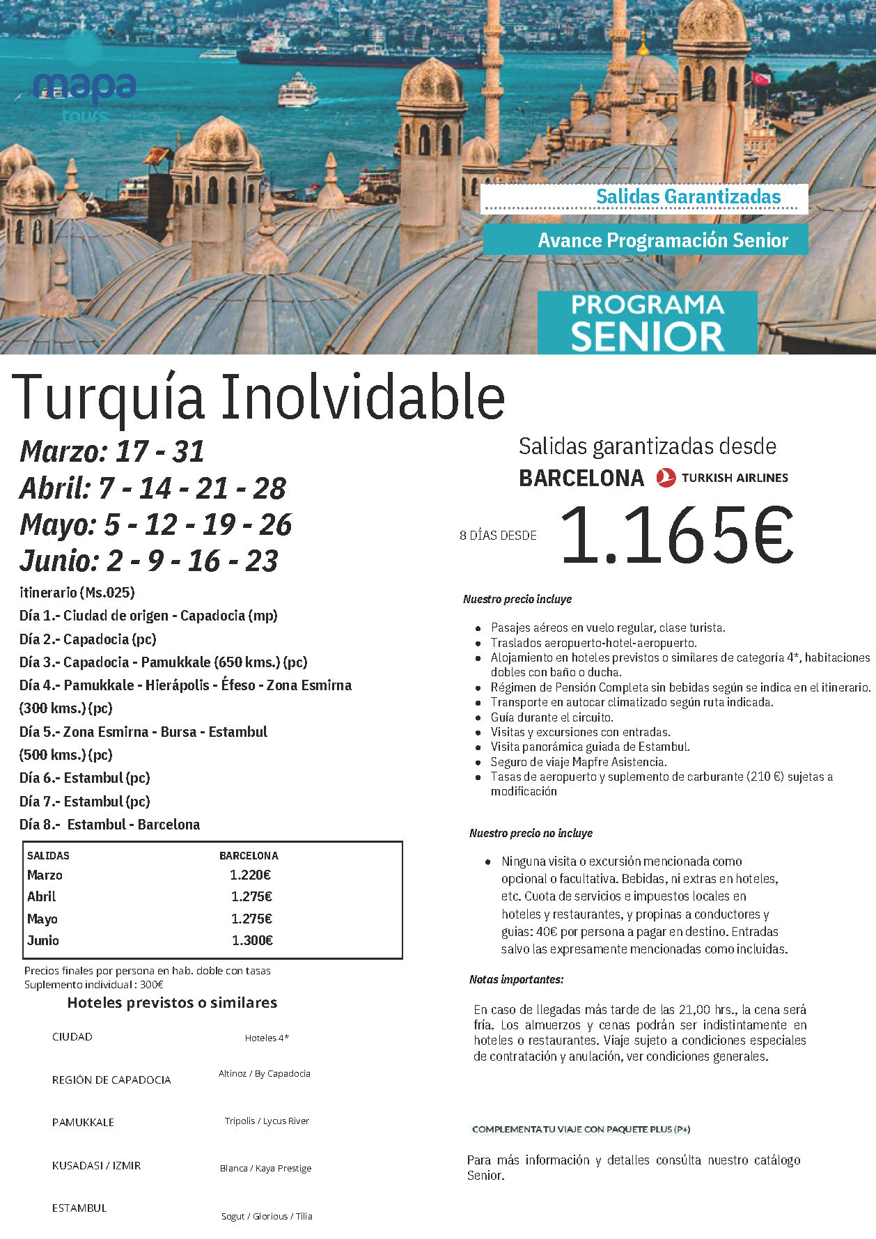 Oferta Mapa Tours Senior circuito Turquia 8 dias pension completa salidas Marzo Abril Mayo Junio 2024 desde Barcelona