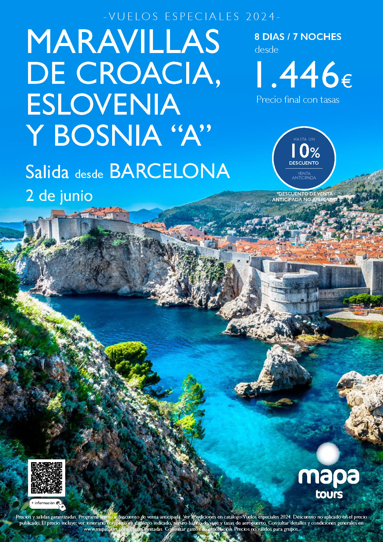 Oferta Mapa Tours circuito Croacia Eslovenia y Bosnia 8 dias salida 2 Junio 2024 vuelo especial directo desde Barcelona