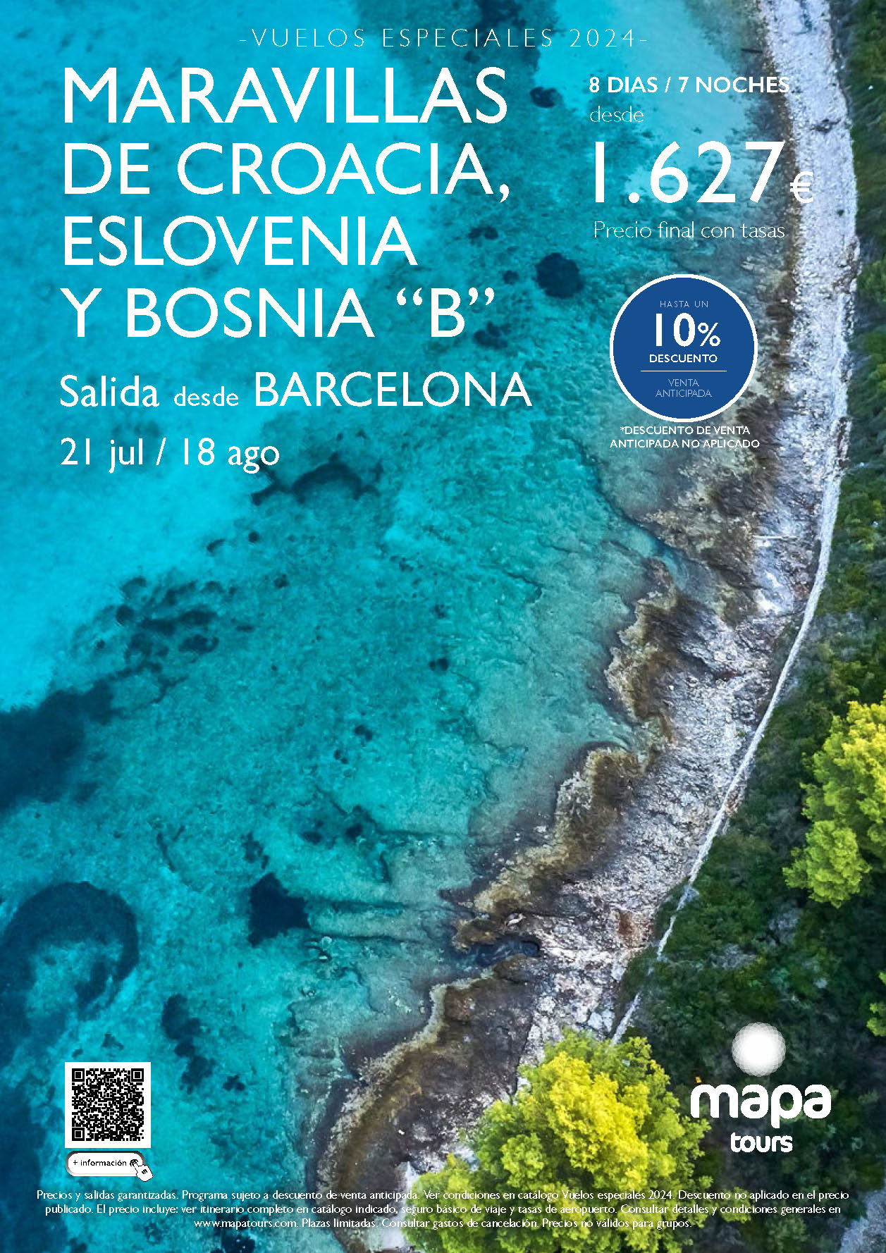 Oferta Mapa Tours circuito Croacia Eslovenia y Bosnia 8 dias salidas Julio Agosto 2024 vuelo especial directo desde Barcelona