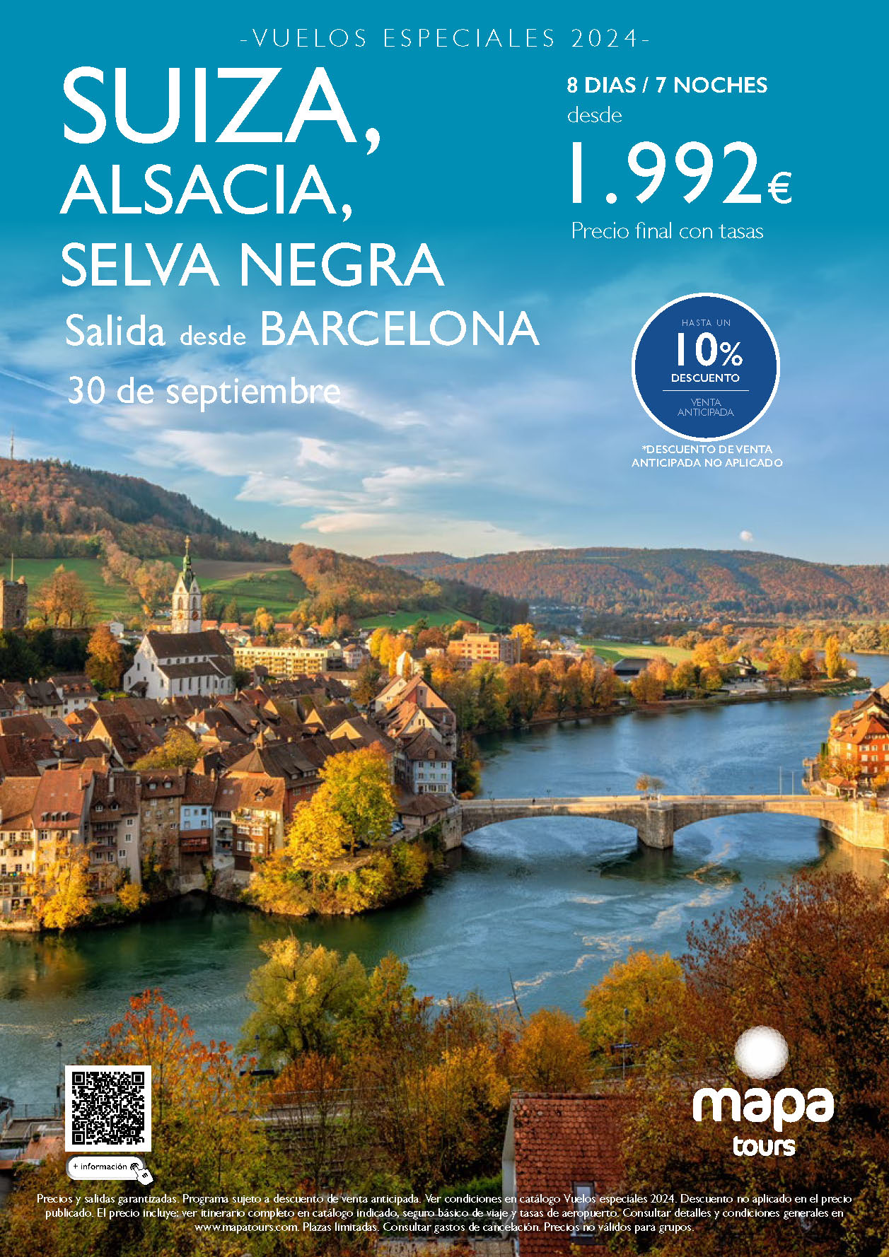 Oferta Mapa Tours circuito Suiza Selva Negra y Alsacia 8 dias salida 30 Septiembre 2024 vuelo especial directo desde Barcelona
