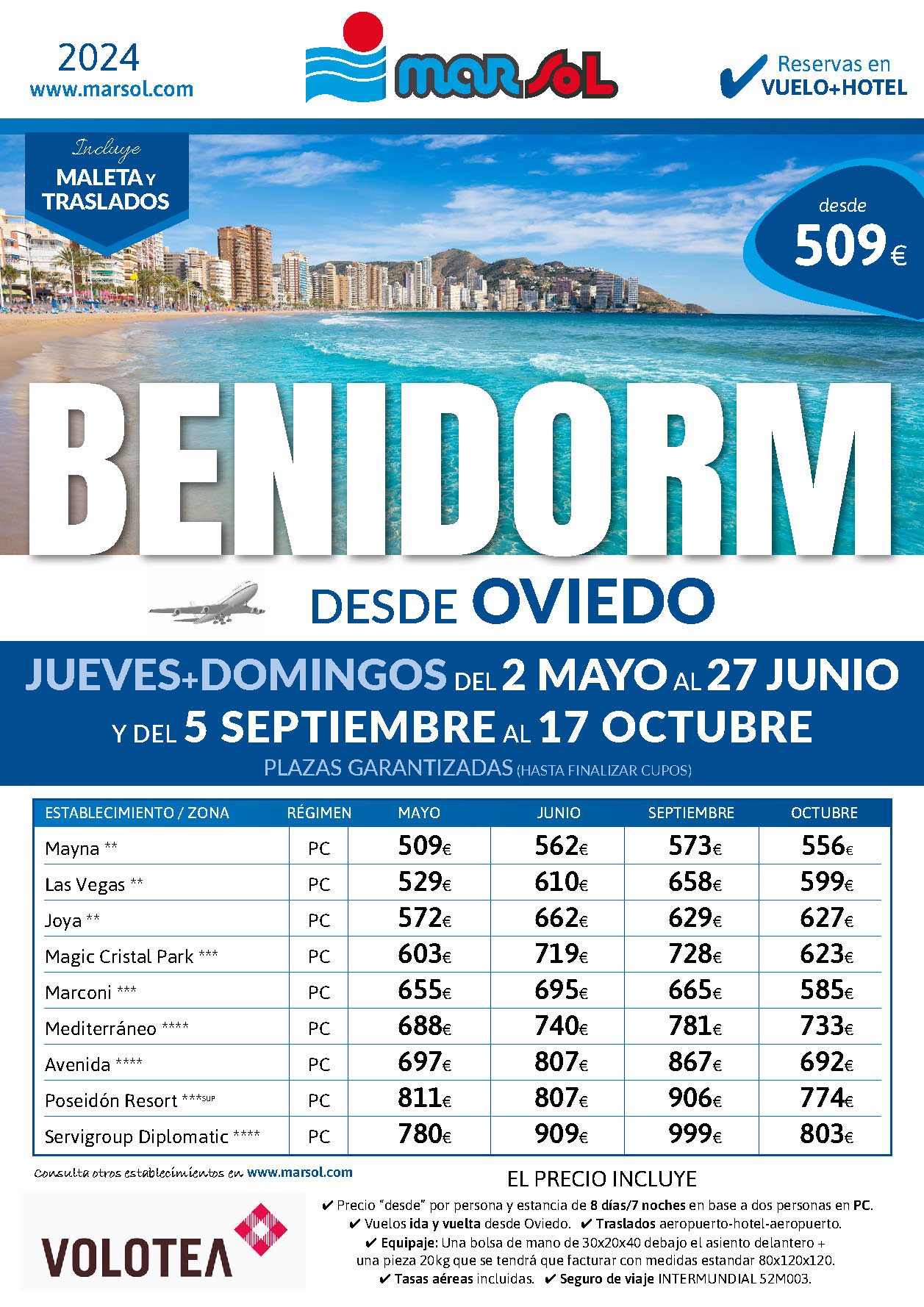 Oferta Marsol Estancia en Benidorm Vuelo Hotel PC Traslados salidas Mayo Junio Septiembre Octubre 2024 vuelo directo desde Oviedo