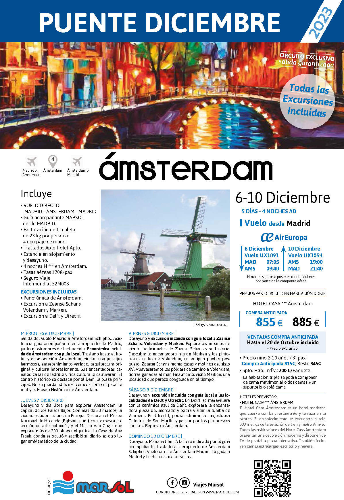 Oferta Marsol Puente de Diciembre 2023 Estancia en Amsterdam con excursiones 5 dias salida 6 diciembre vuelo directo desde Madrid