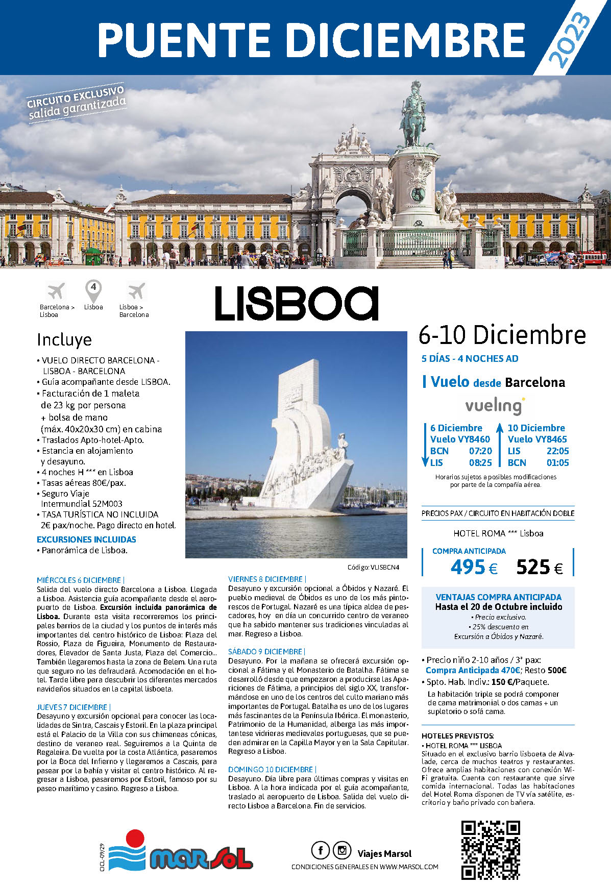 Oferta Marsol Puente de Diciembre 2023 Estancia en Lisboa con excursiones 5 dias salida 6 diciembre vuelo directo desde Barcelona