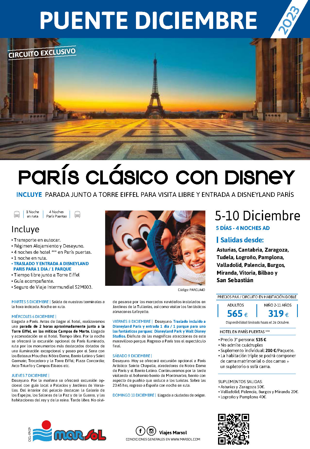 Oferta Marsol Puente de Diciembre 2023 Paris Clasico con Disney 5 dias salida 5 diciembre en autocar desde Norte de España