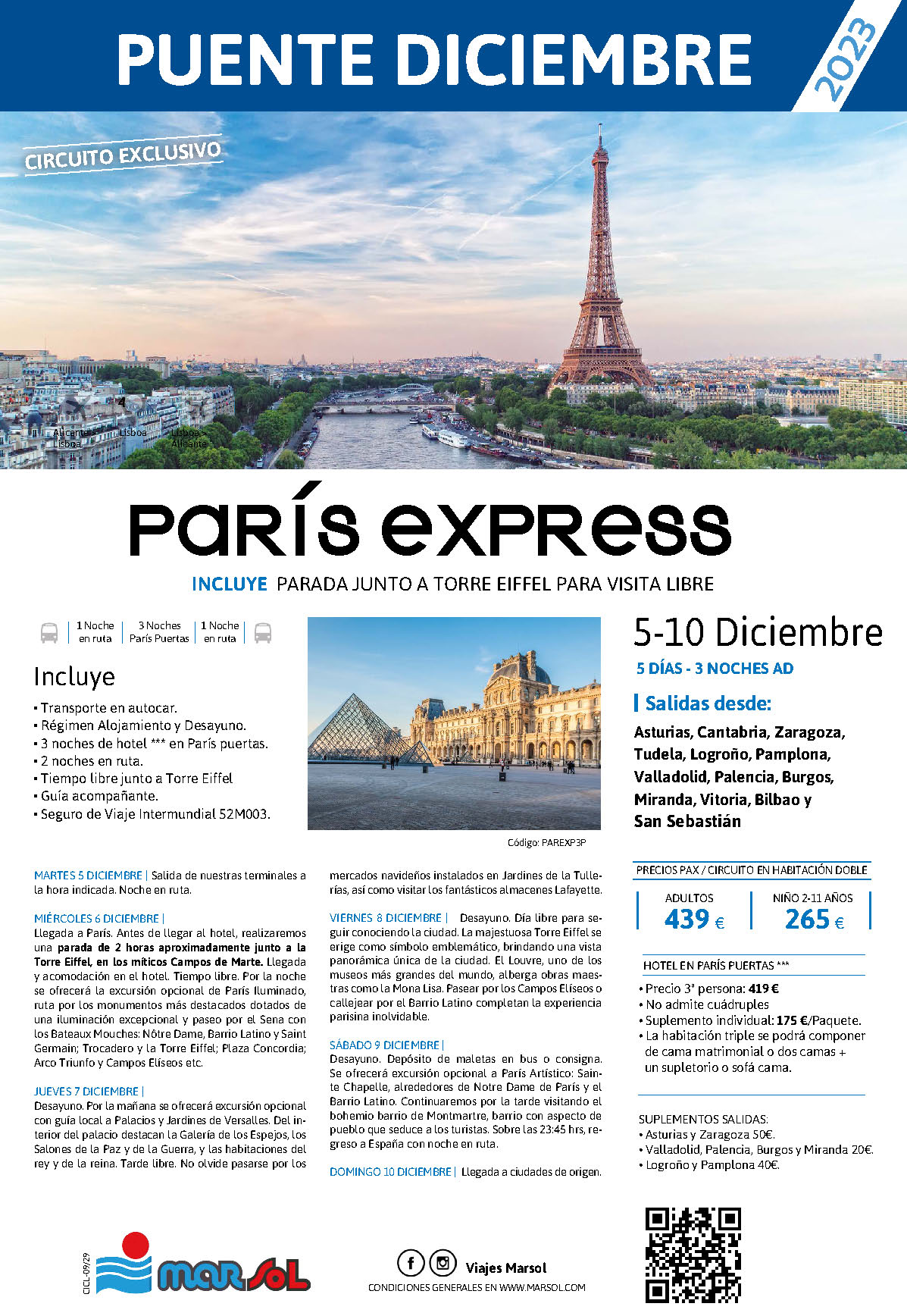 Oferta Marsol Puente de Diciembre 2023 Paris Express 5 dias salida 5 diciembre en autocar desde Norte de España