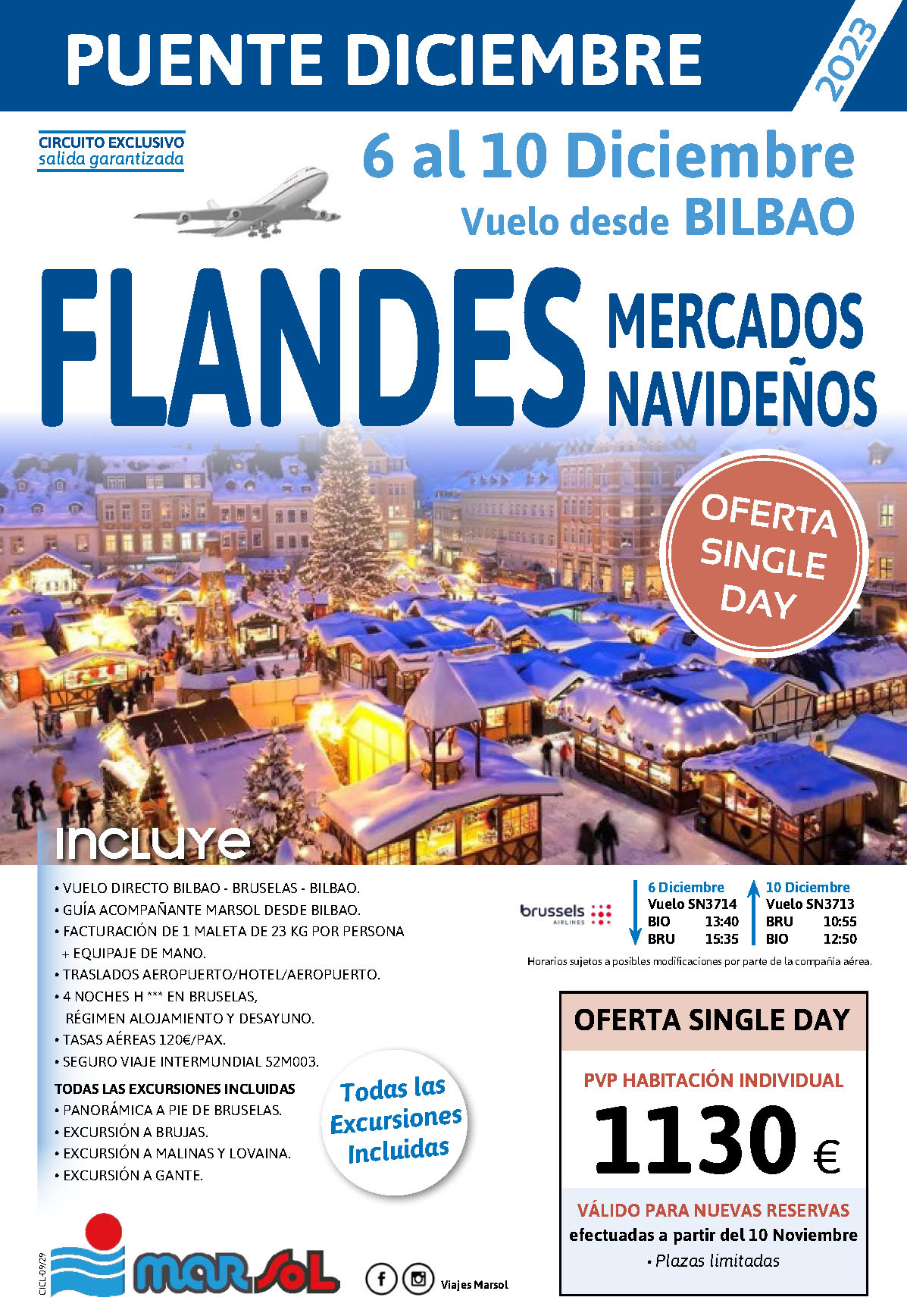Oferta Marsol Puente de Diciembre 2023 Singles Day Mercados de Navidad en Flandes 5 dias salida 6 diciembre vuelo directo desde Bilbao