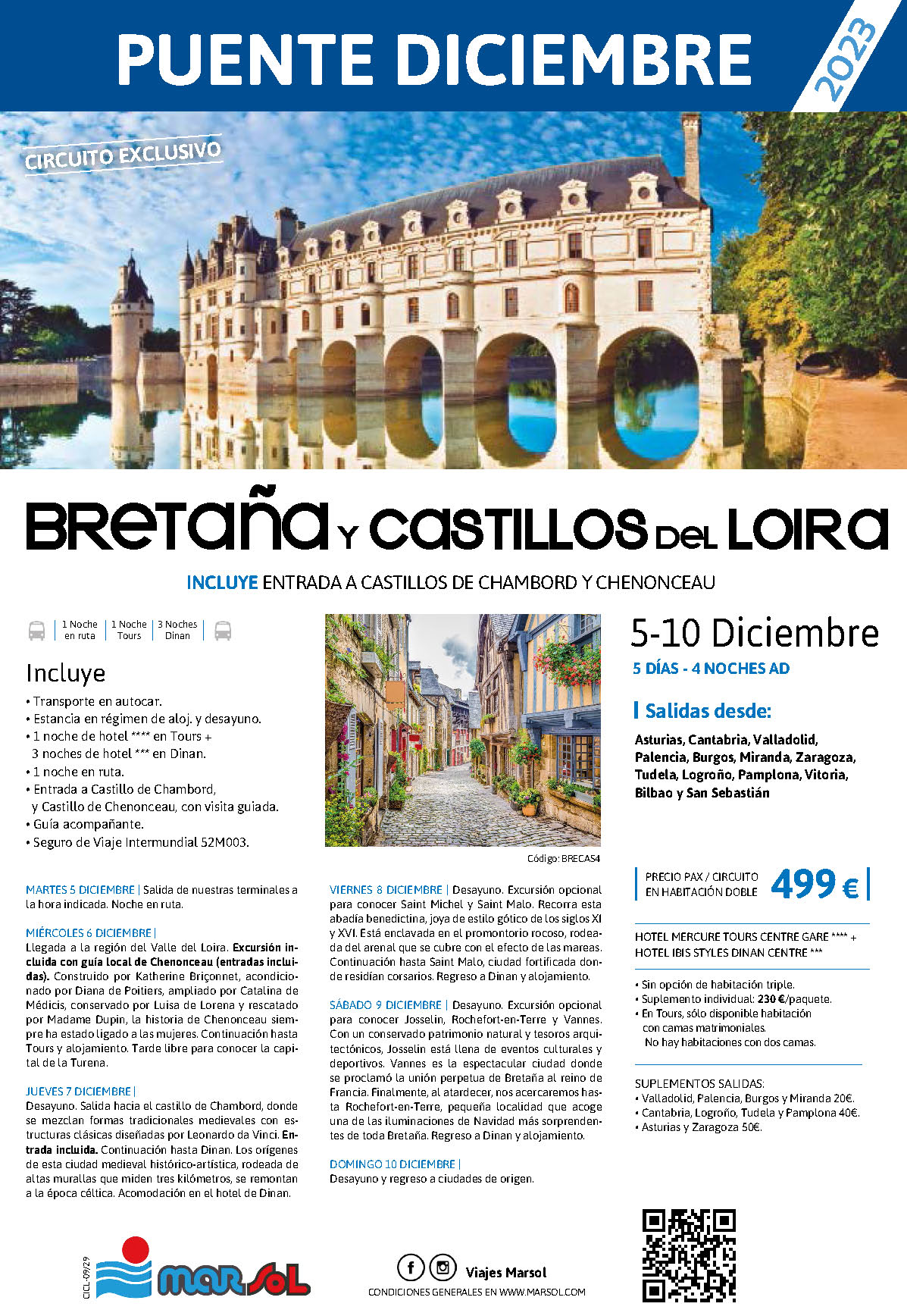 Oferta Marsol Puente de Diciembre 2023 circuito Bretaña y Castillos del Loira 5 dias salida 5 diciembre en autocar desde Norte de España