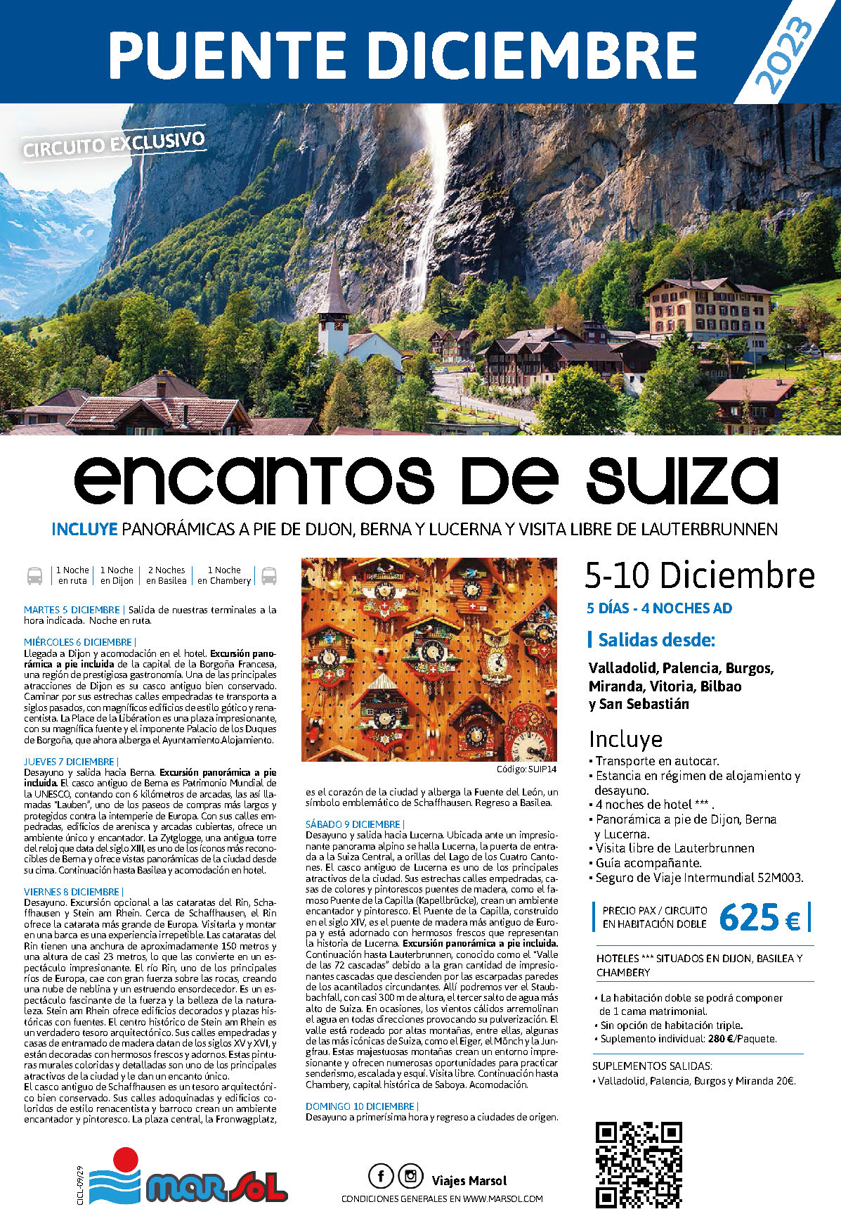 Oferta Marsol Puente de Diciembre 2023 circuito Encantos de Suiza 5 dias salida 5 diciembre en autocar desde Norte de España