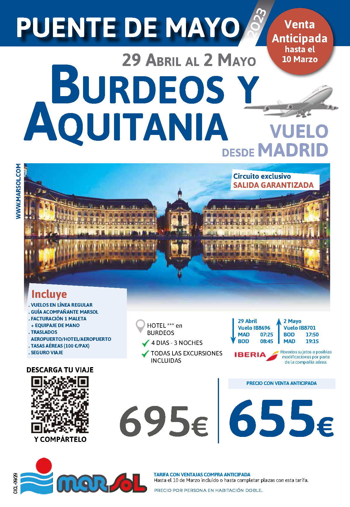 Oferta Marsol Puente de Mayo 2023 en Burdeos y Aquitania 4 dias salida en vuelo directo desde Madrid