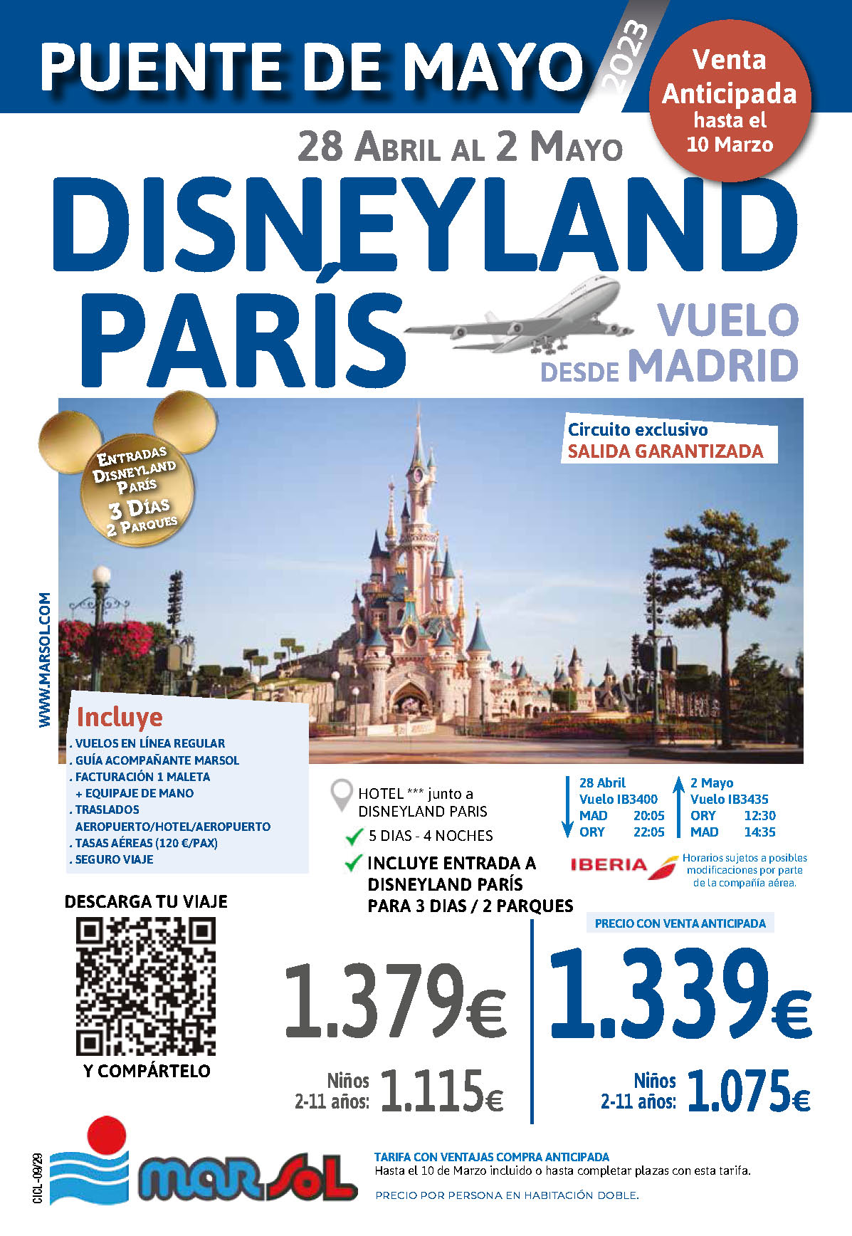 Oferta Marsol Puente de Mayo 2023 en Disneyland Paris 4 dias Entrada 3 dias salida en vuelo directo desde Madrid