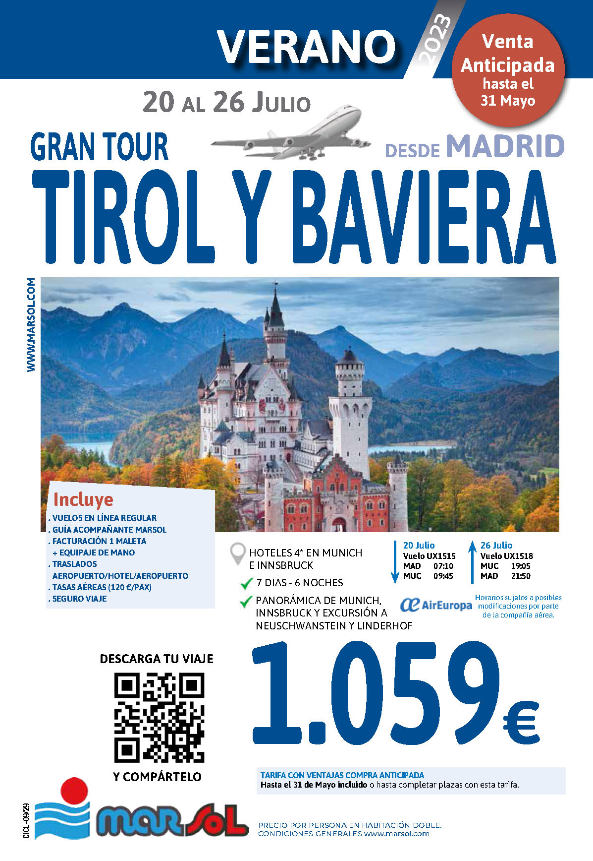 Oferta Marsol Verano 2023 Gran Tour de Tirol y Baviera 7 dias salida 20 de julio en vuelo directo desde Madrid