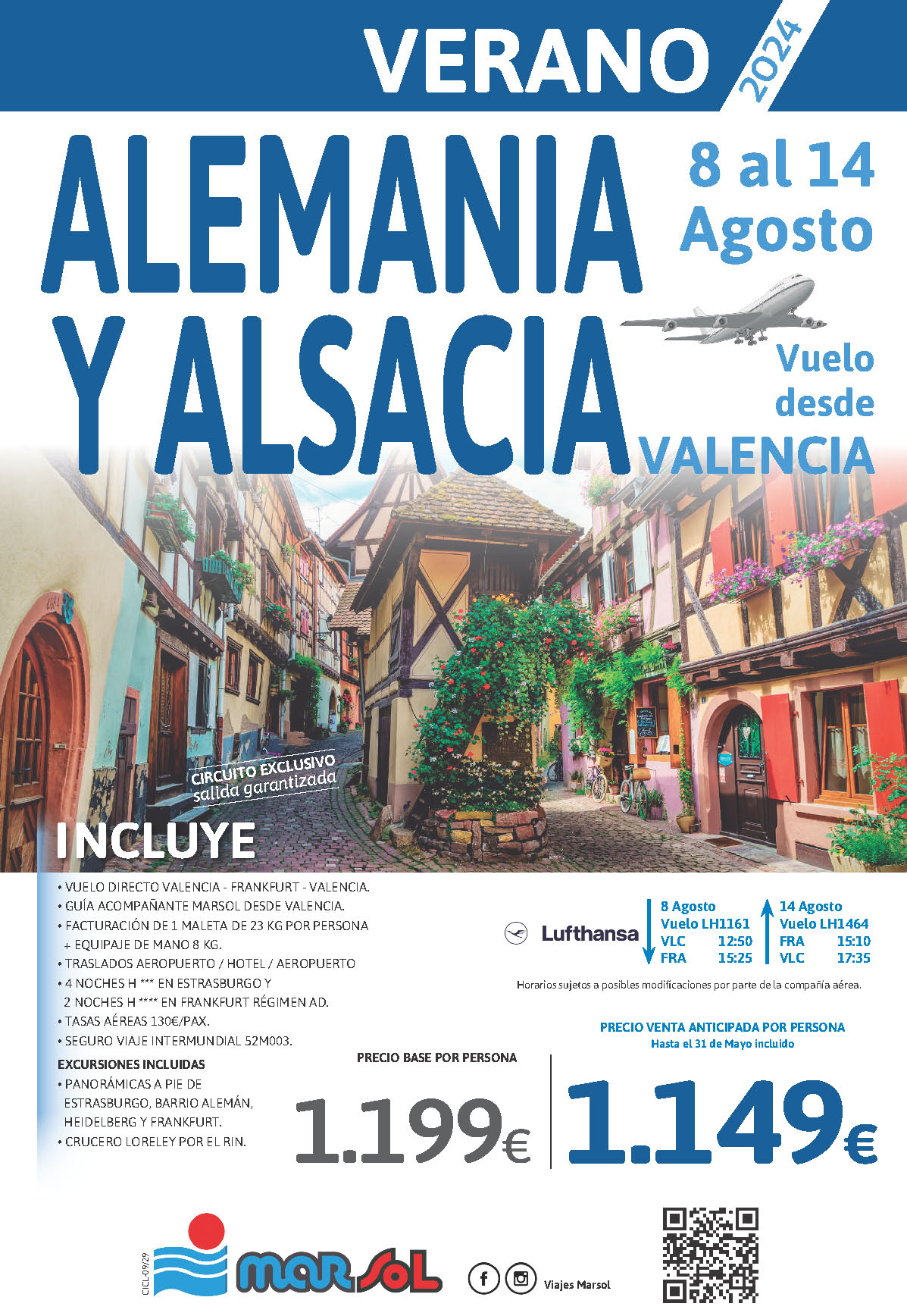 Oferta Marsol circuito Alemania y Alsacia 7 dias AD salida 8 Agosto 2024 vuelo directo desde Valencia