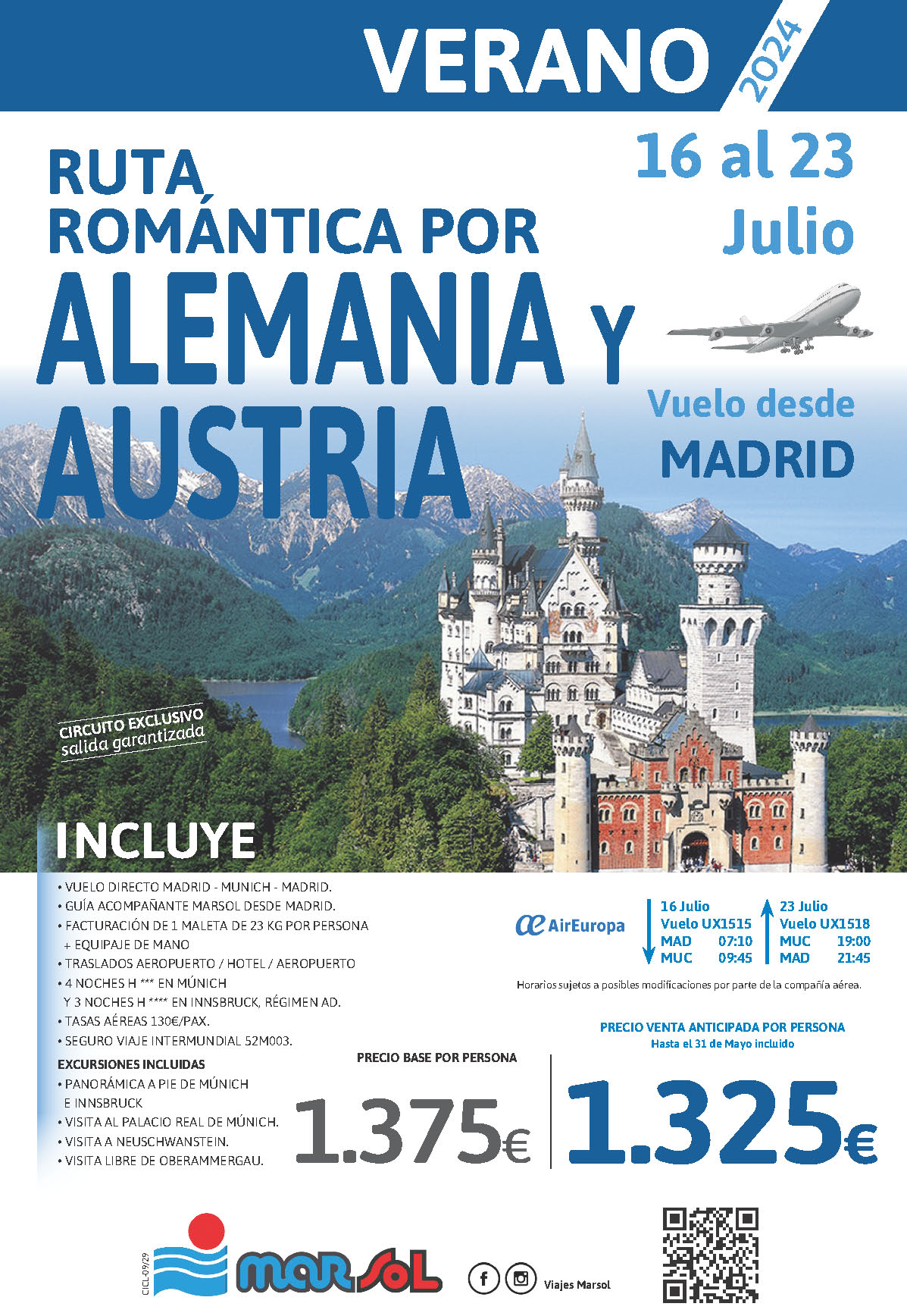 Oferta Marsol circuito Alemania y Austria 8 dias AD salida 16 Julio 2024 vuelo directo desde Madrid