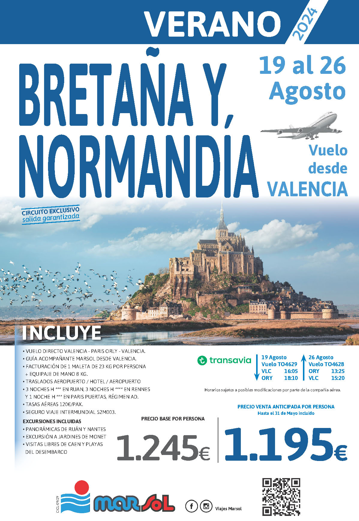 Oferta Marsol circuito Bretaña y Normandia 8 dias AD salida 19 Agosto 2024 vuelo directo desde Valencia