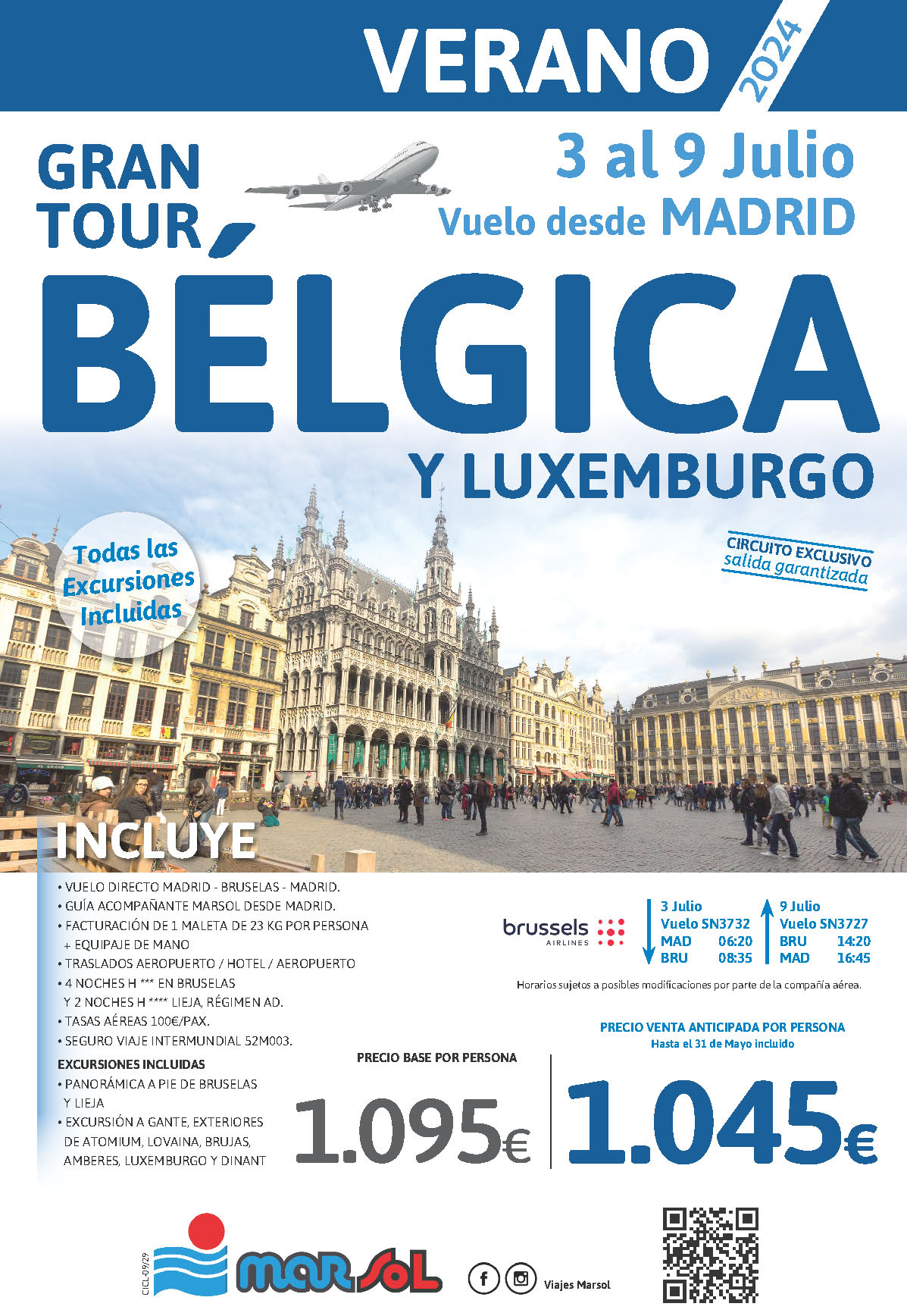 Oferta Marsol circuito Gran Tour de Belgica y Luxemburgo 7 dias salida 3 julio 2024 vuelo directo desde Madrid