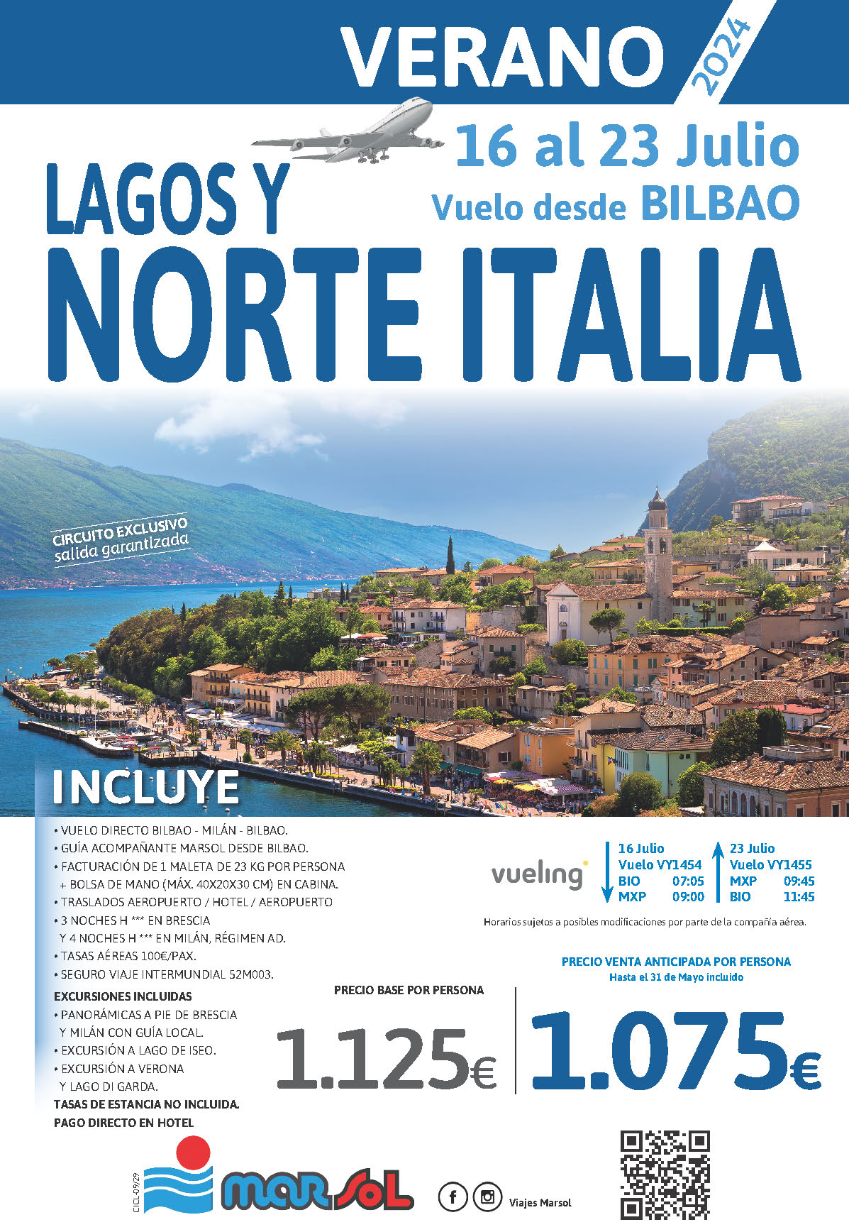 Oferta Marsol circuito Lagos y Norte de Italia 8 dias AD salida 16 julio 2024 vuelo directo desde Bilbao
