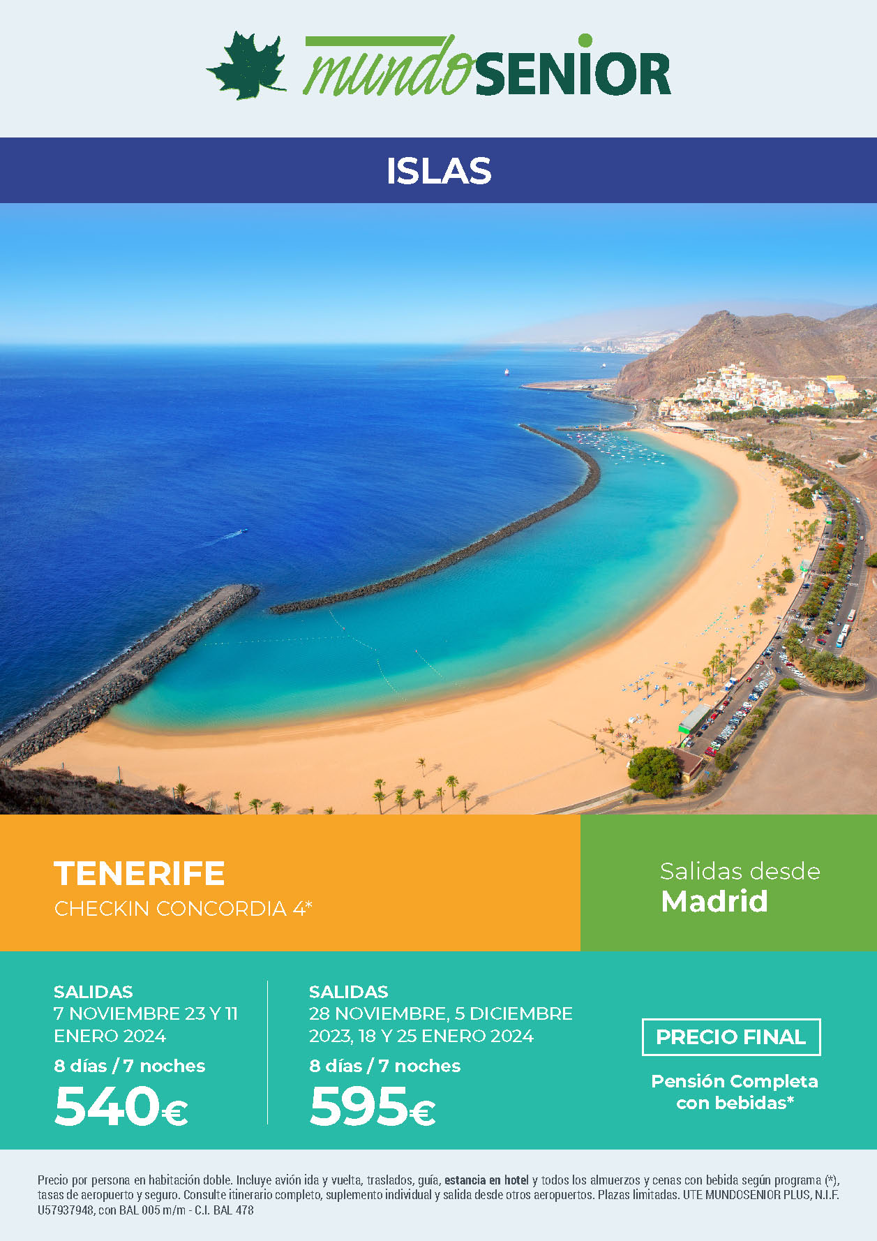 Oferta Mundo Senior Estancia en Tenerife 8 dias hotel 4 estrellas pension completa salidas noviembre diciembre 2023 enero 2024 desde Madrid