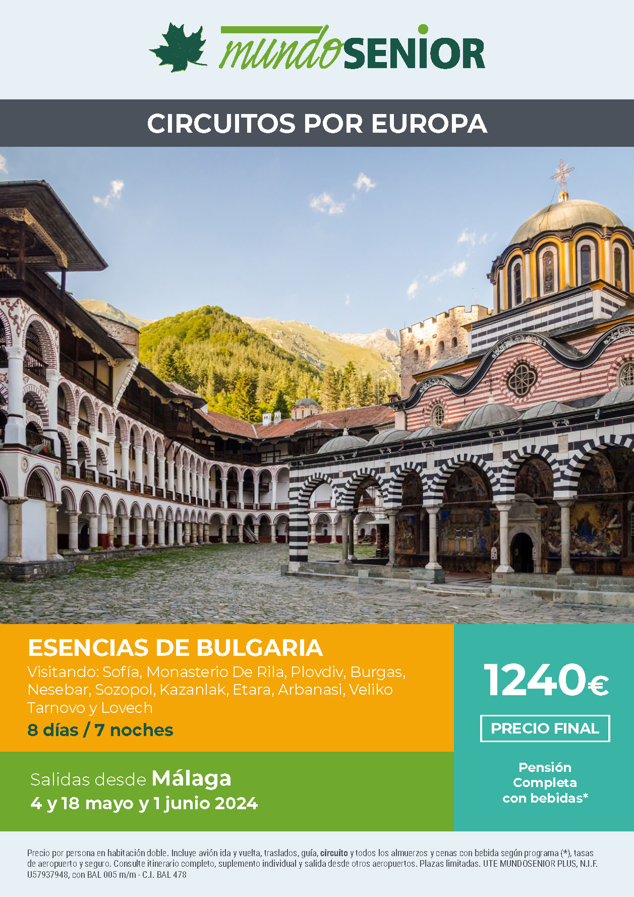 Oferta Mundo Senior circuito Esencias de Bulgaria Pension Completa 8 dias salidas mayo junio 2024 en vuelo directo desde Malaga