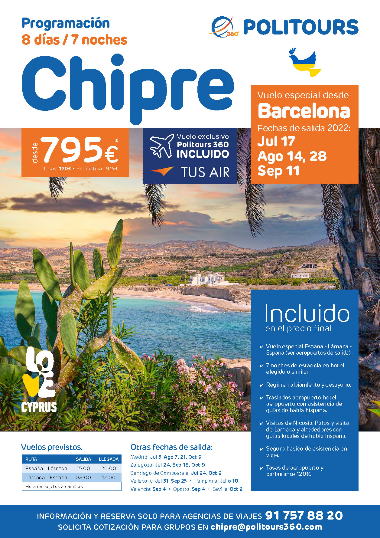 Oferta Politours Circuito por Chipre 8 dias salidas Julio Agosto y Septiembre 2022 vuelo especial directo desde Barcelona
