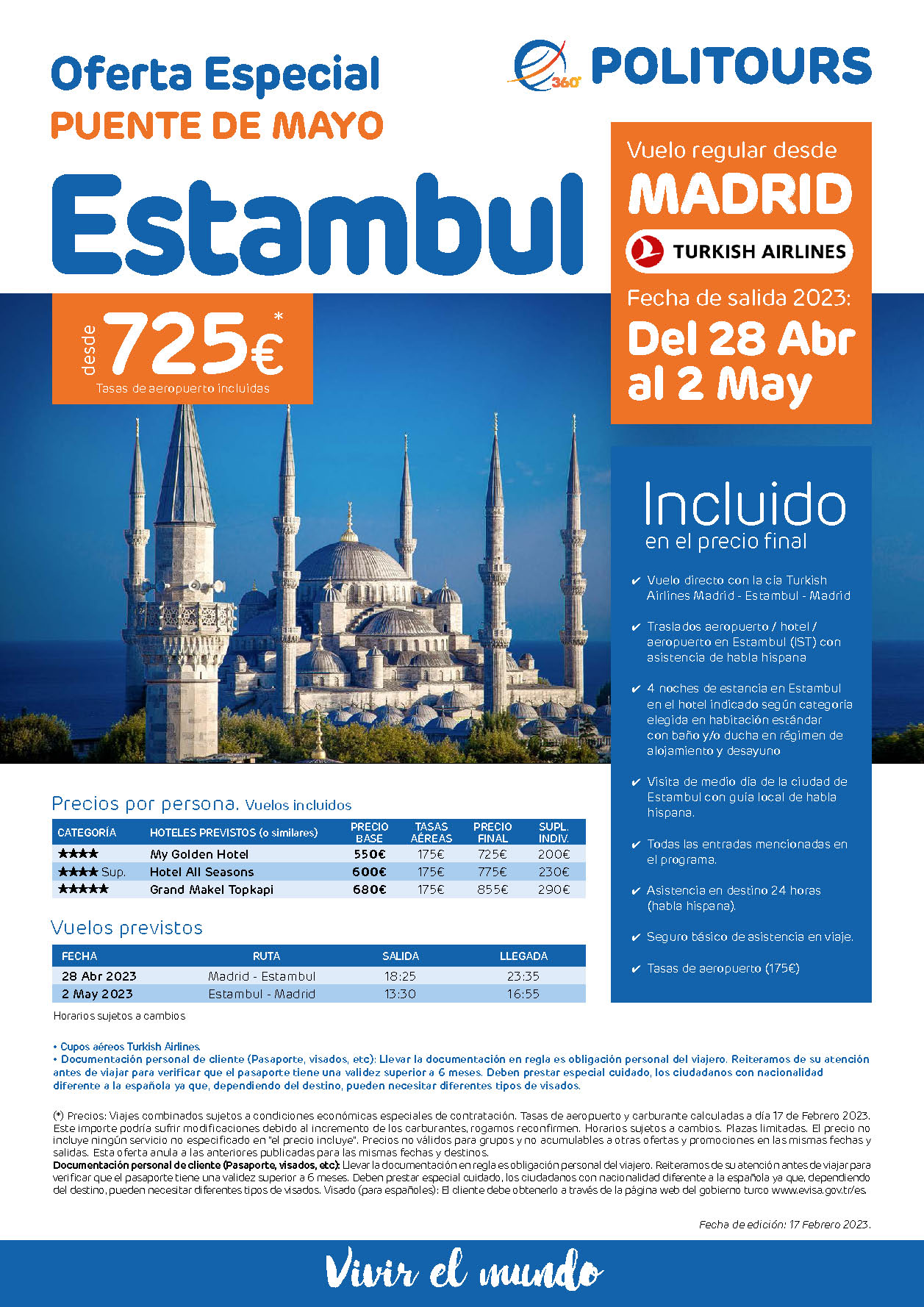 Oferta Politours Puente de Mayo 2023 en Estambul Turquia 5 dias salida 28 de Abril en vuelo directo desde Madrid Turkish Airlines