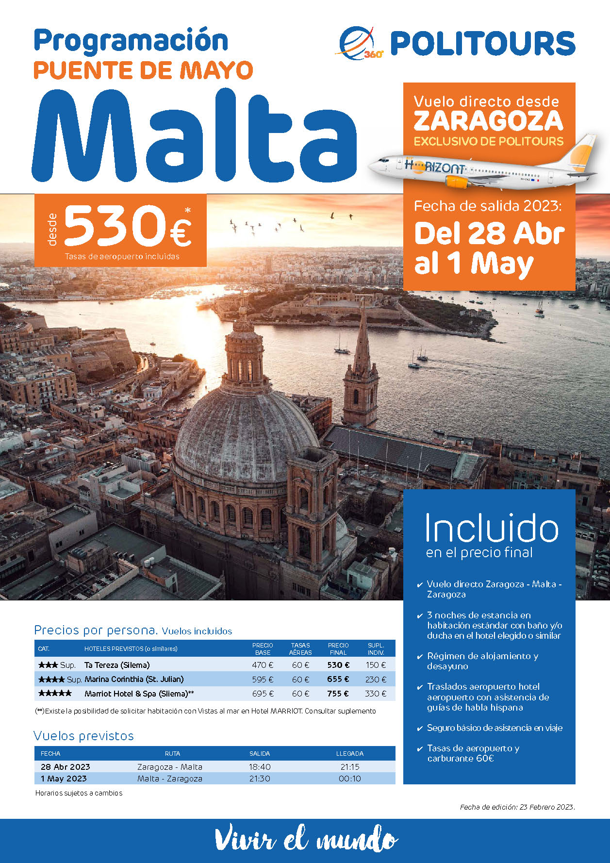 Oferta Politours Puente de Mayo 2023 en Malta 5 dias salida 28 de Abril en vuelo especial directo desde Zaragoza