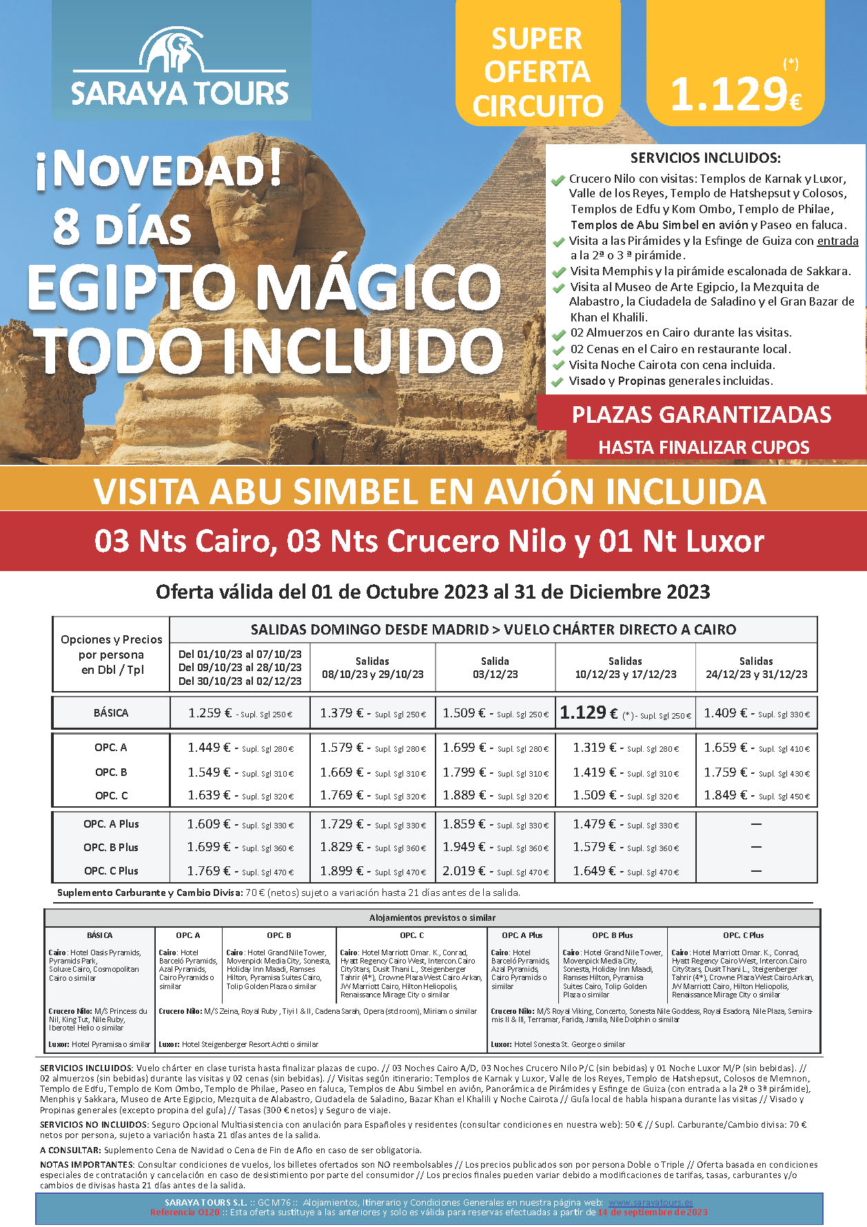 Oferta Saraya Tours 2023 Egipto Magico Todo Incluido Abu Simbel en avion Charter 8 dias salidas desde Madrid
