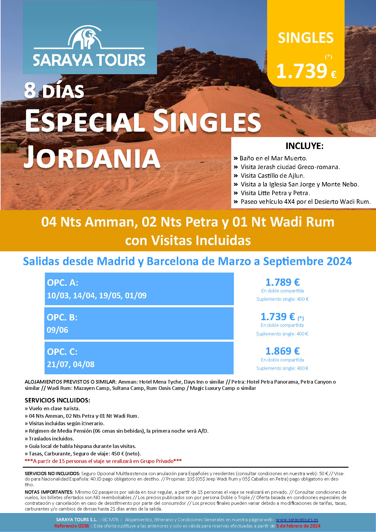 Oferta Saraya Tours Circuito Jordania 8 dias Especial Singles salidas Abril a Septiembre 2024 en vuelo directo desde Madrid