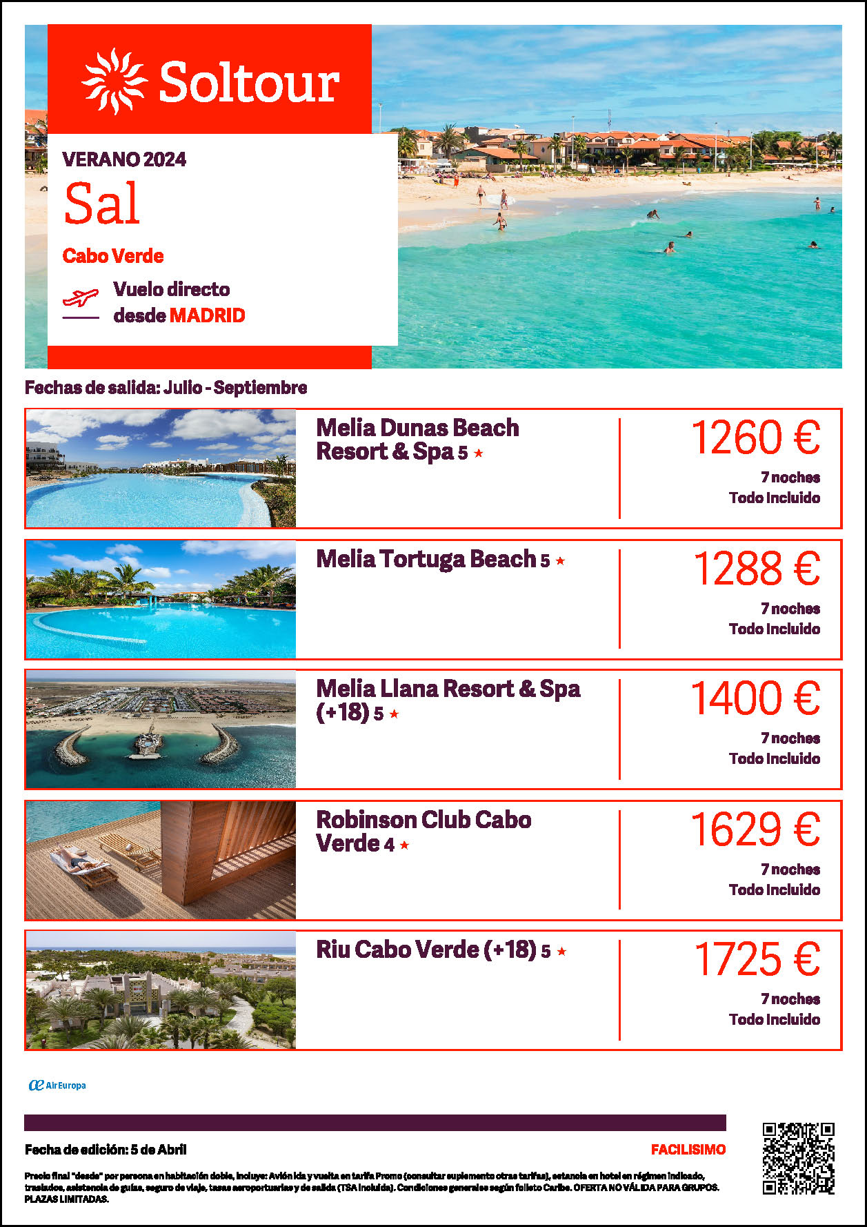 Oferta Soltour Estancia en Cabo Verde Isla de la Sal 8 dias Hotel 5 estrellas Todo Incluido salidas Verano 2024 vuelo directo desde Madrid