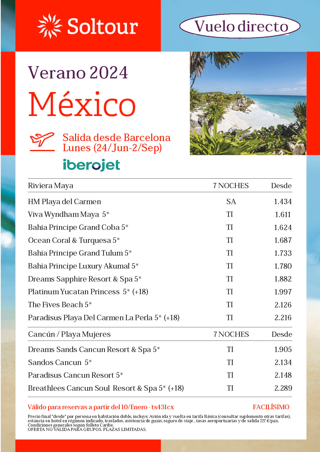 Oferta Soltour Estancia en Riviera Maya Mexico 9 dias Hotel 5 estrellas Todo Incluido salidas de Junio a Septiembre 2024 vuelo directo desde Barcelona