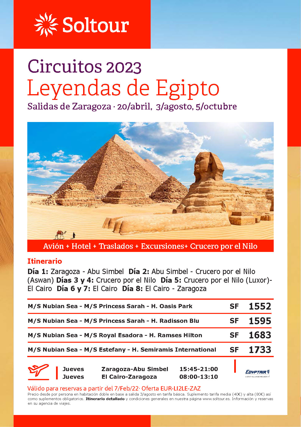 Oferta Soltour Leyendas de Egipto 8 dias salidas en Abril Agosto y Octubre 2023 en vuelo directo desde Zaragoza 2