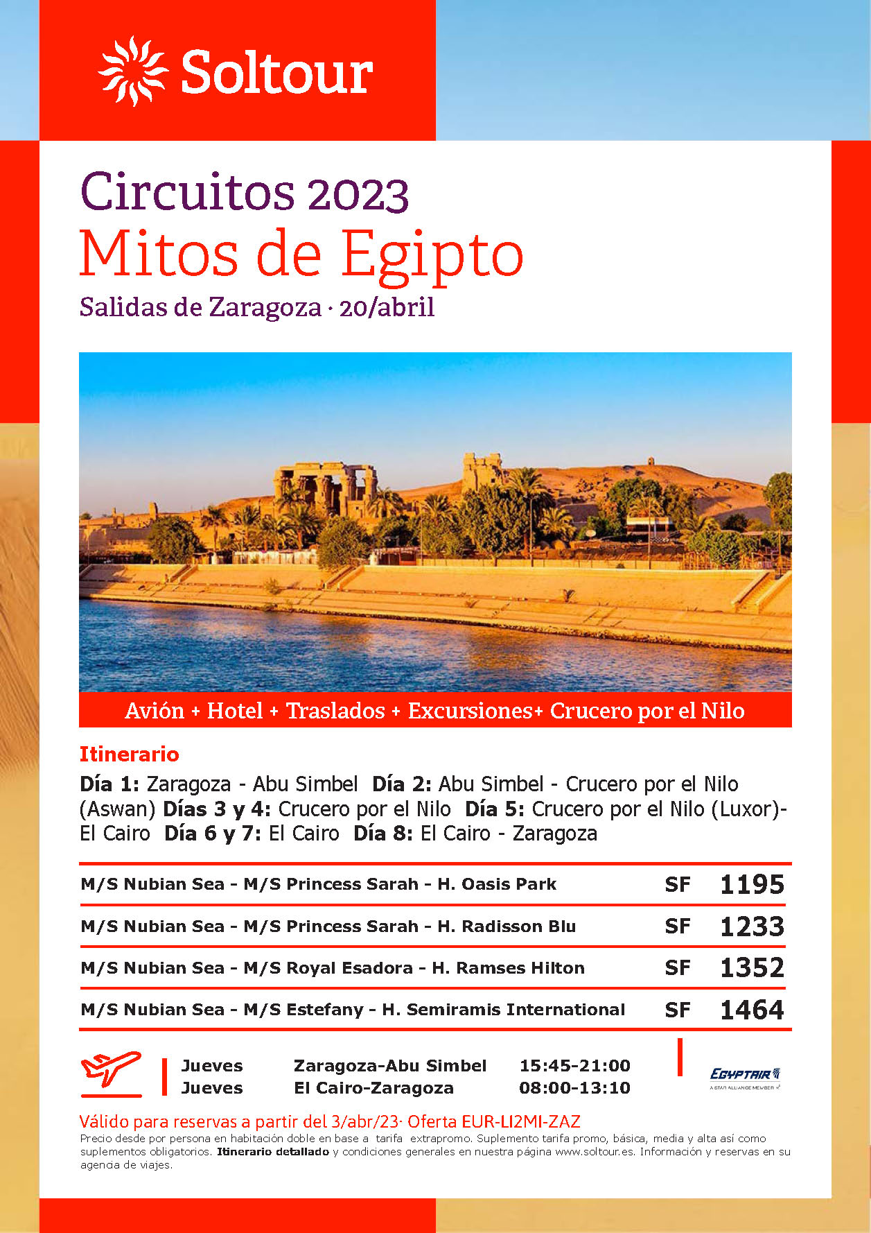 Oferta Soltour Mitos de Egipto 8 dias salidas en Abril Agosto y Octubre 2023 en vuelo directo desde Zaragoza 2