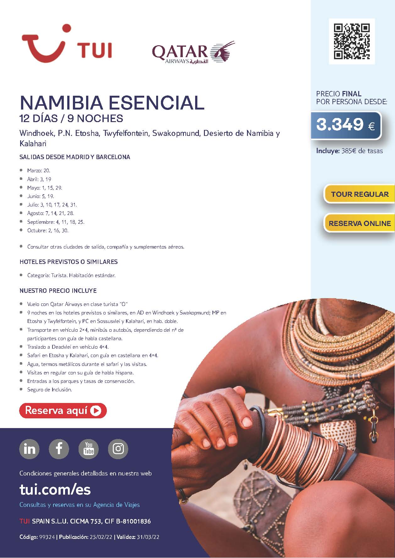 Oferta TUI 2022 Namibia Esencial 12 dias salidas desde Madrid y Barcelona vuelos Qatar Airways