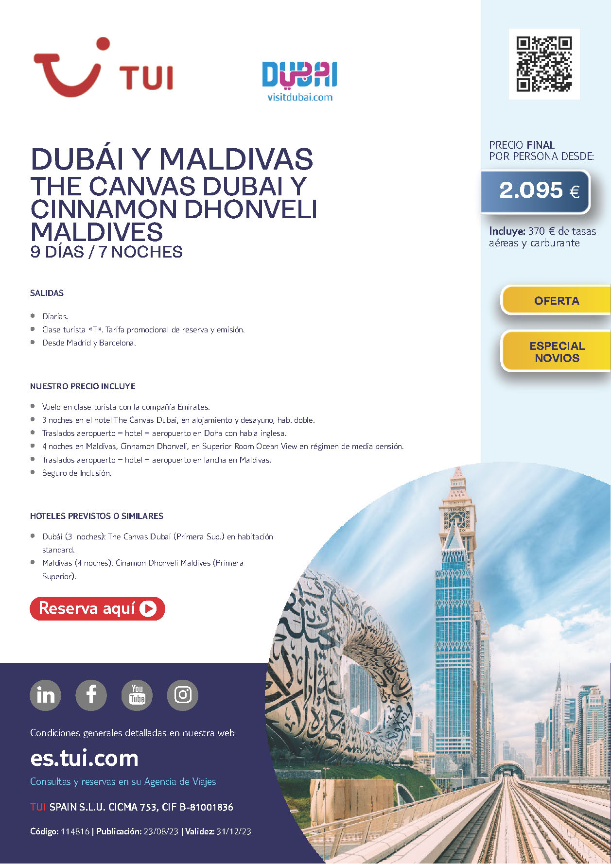 Oferta TUI 2023 Combinado Dubai y Maldivas 9 dias salidas desde Madrid Barcelona vuelos Emirates