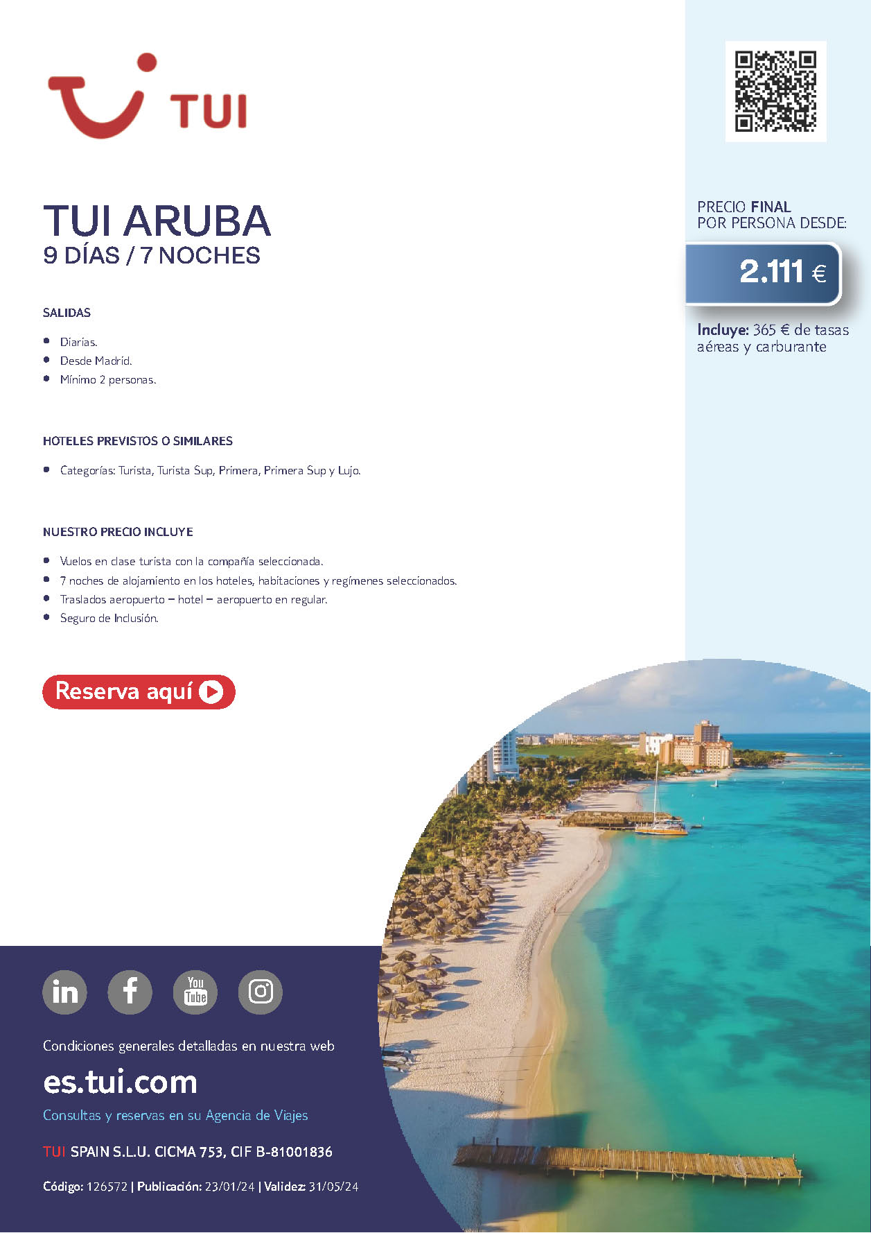 Oferta TUI 2024 Estancia en Aruba 9 dias salidas desde Madrid