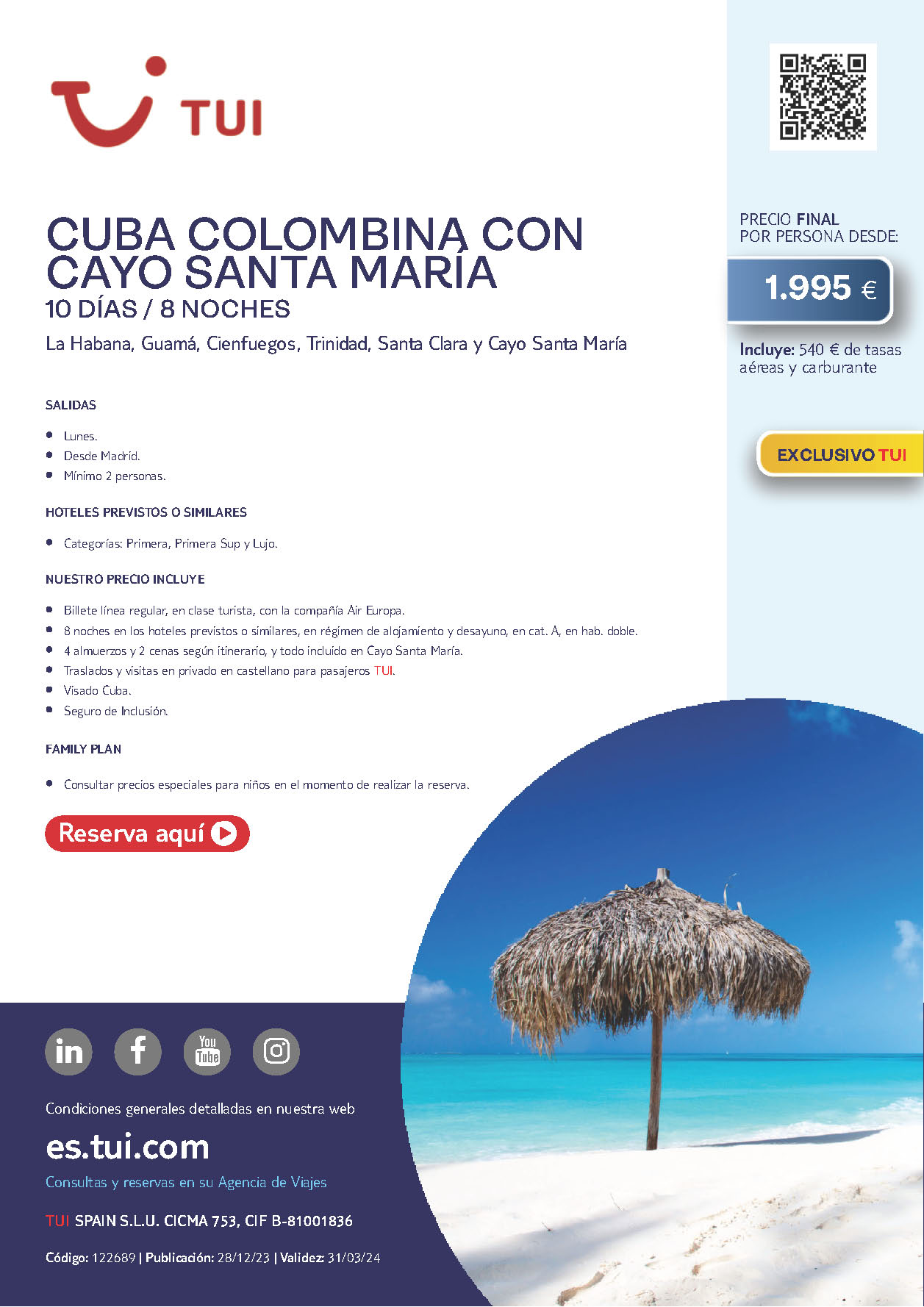 Oferta TUI 2024 circuito Cuba Colombina con Cayo Santa Maria 10 dias salidas en vuelo directo desde Madrid